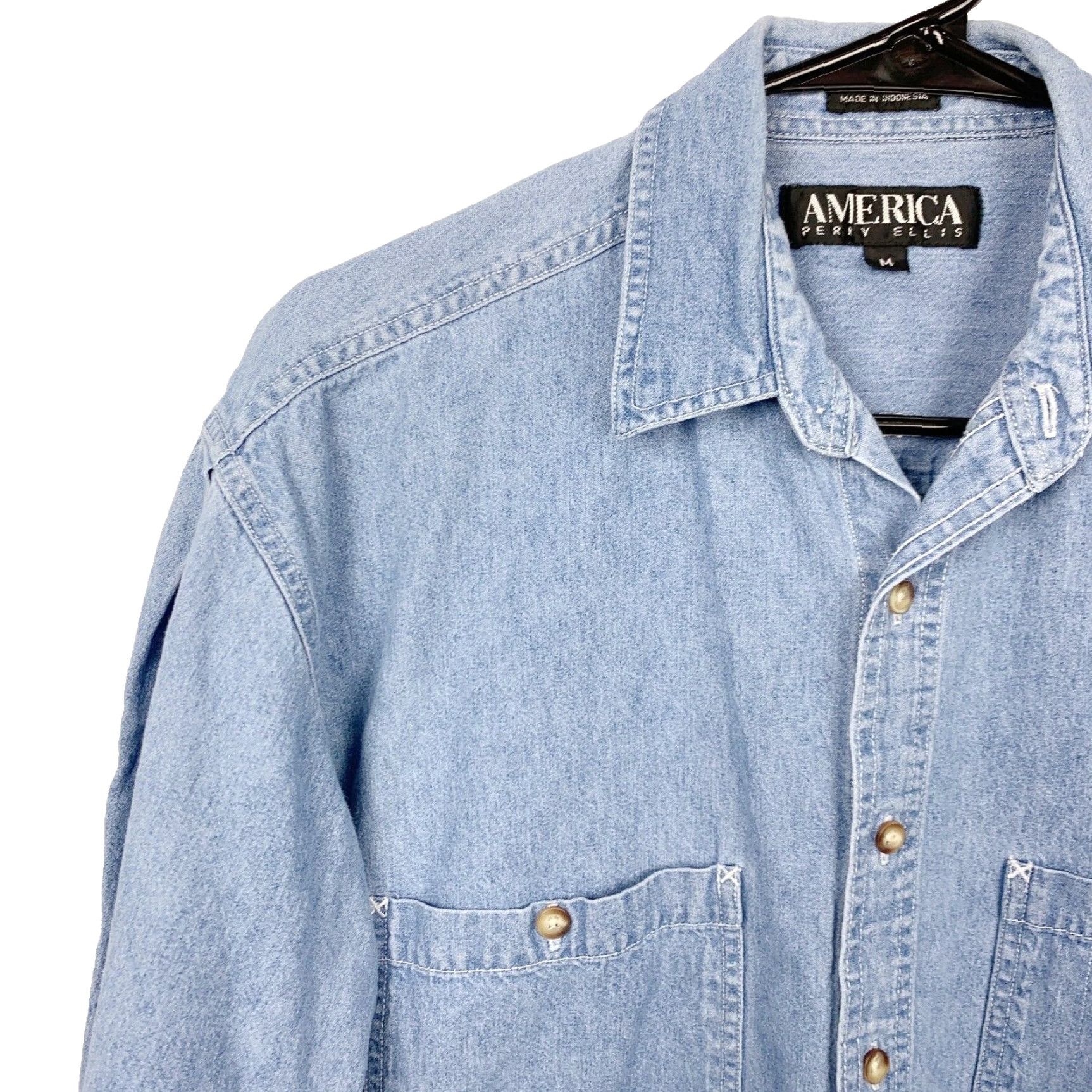 Perry Ellis Vintage Perry Ellis Denim Button-Up Shirt Solid Cotton Medium Blue Men's Button-Down Collar Long Sleeve Regular Denim Shirt Size US M / EU 48-50 / 2 - 2 Thumbnail