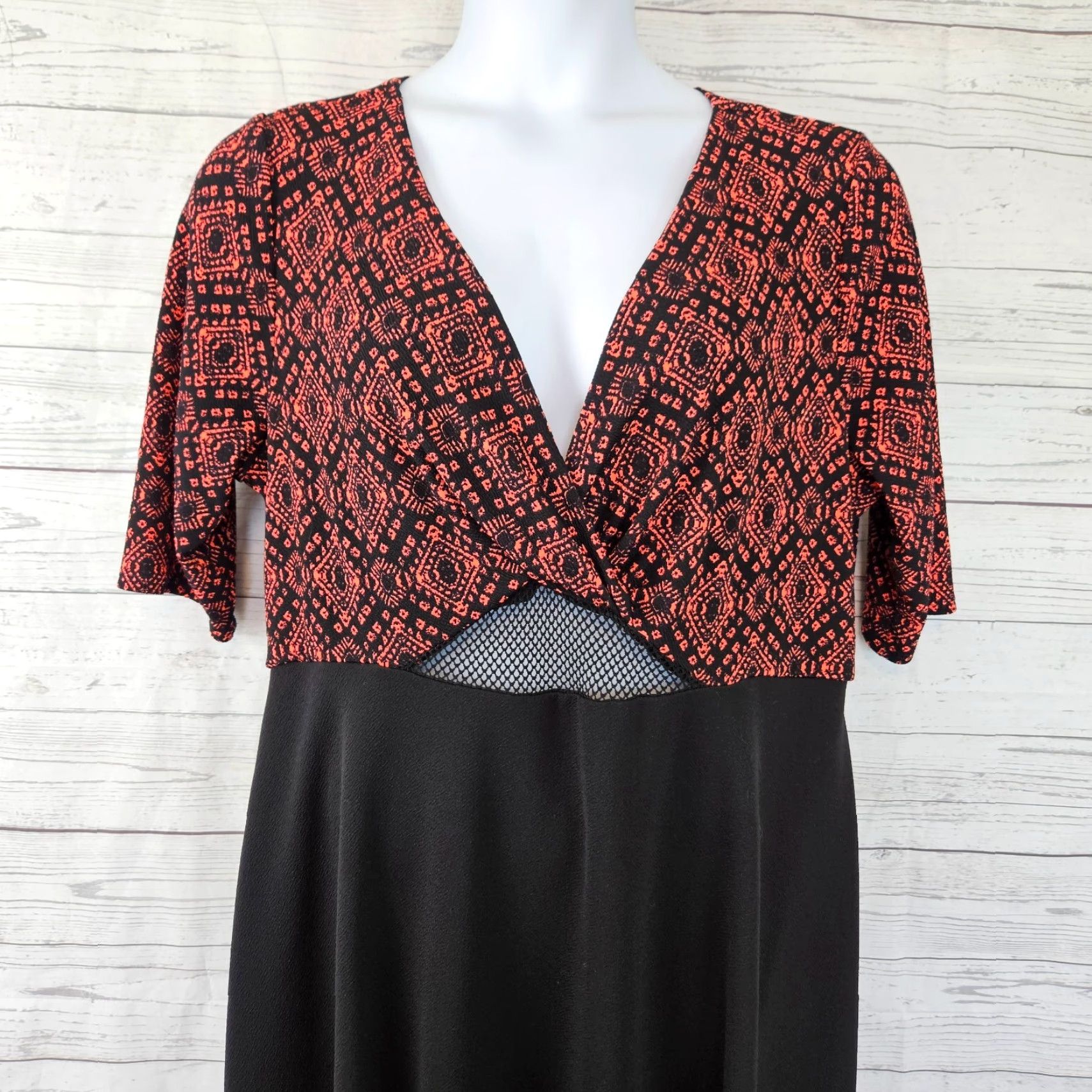 Vintage Kiyonna Womens Dress 2X Black Orange V-Neck Half Sleeves Midi A-Line Pullover Vintage: No (but avoid adding extra) Size XXL / US 16-18 / IT 52-54 - 2 Thumbnail