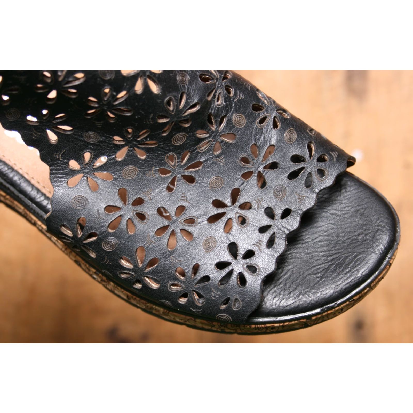 Vintage REMONTE Jerilyn 56 Floral Laser Cut Open Toe Wedge Sandals EUR 38 US 7.5 Black Leather Peep Toe Female Womens Sandal Size US 8 / IT 38 - 6 Thumbnail
