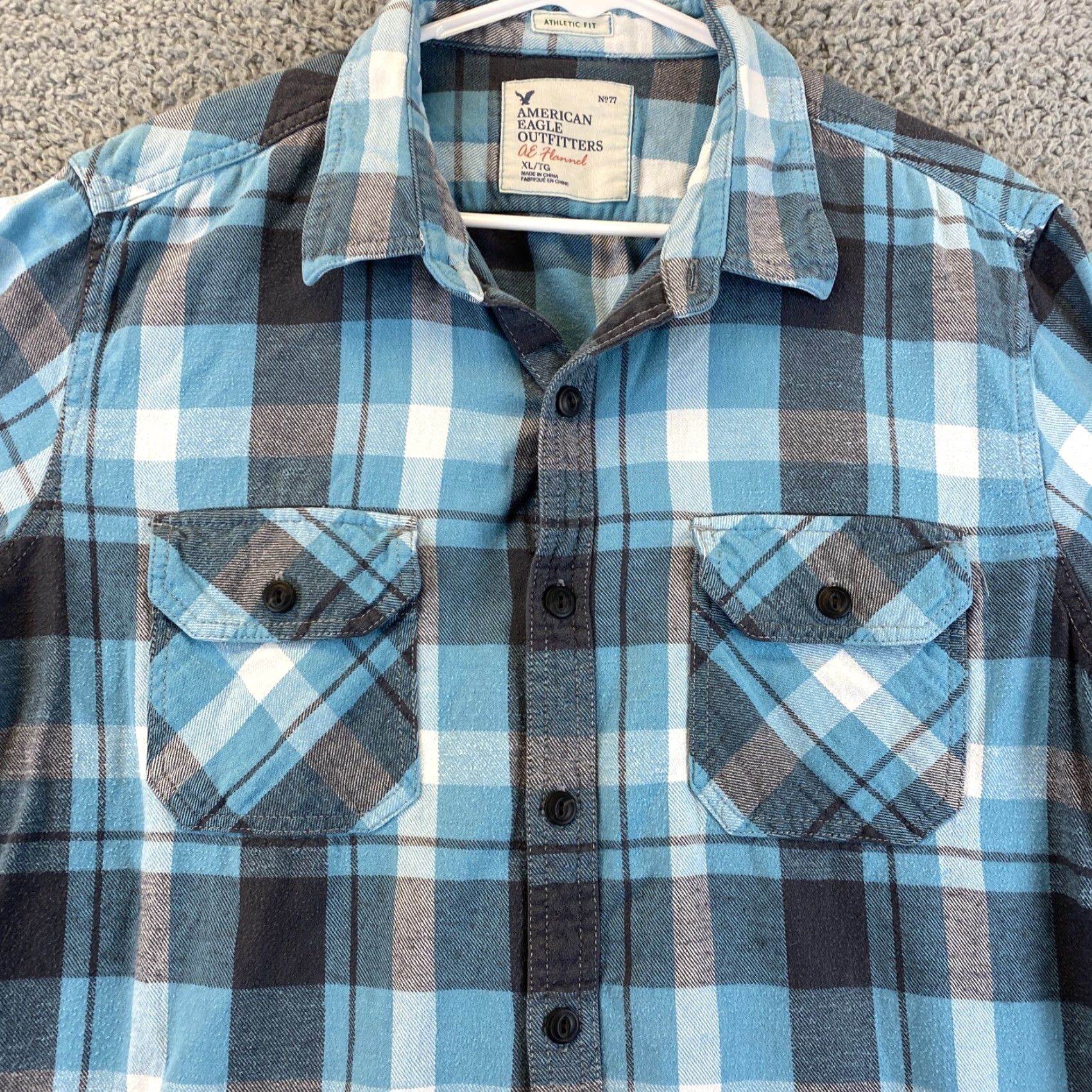 American Eagle Outfitters AMERICAN EAGLE Blue Plaid Long Slim Fit CAUSAL DRESS SHIRT sz XL / 49-17 Size 46R - 2 Thumbnail