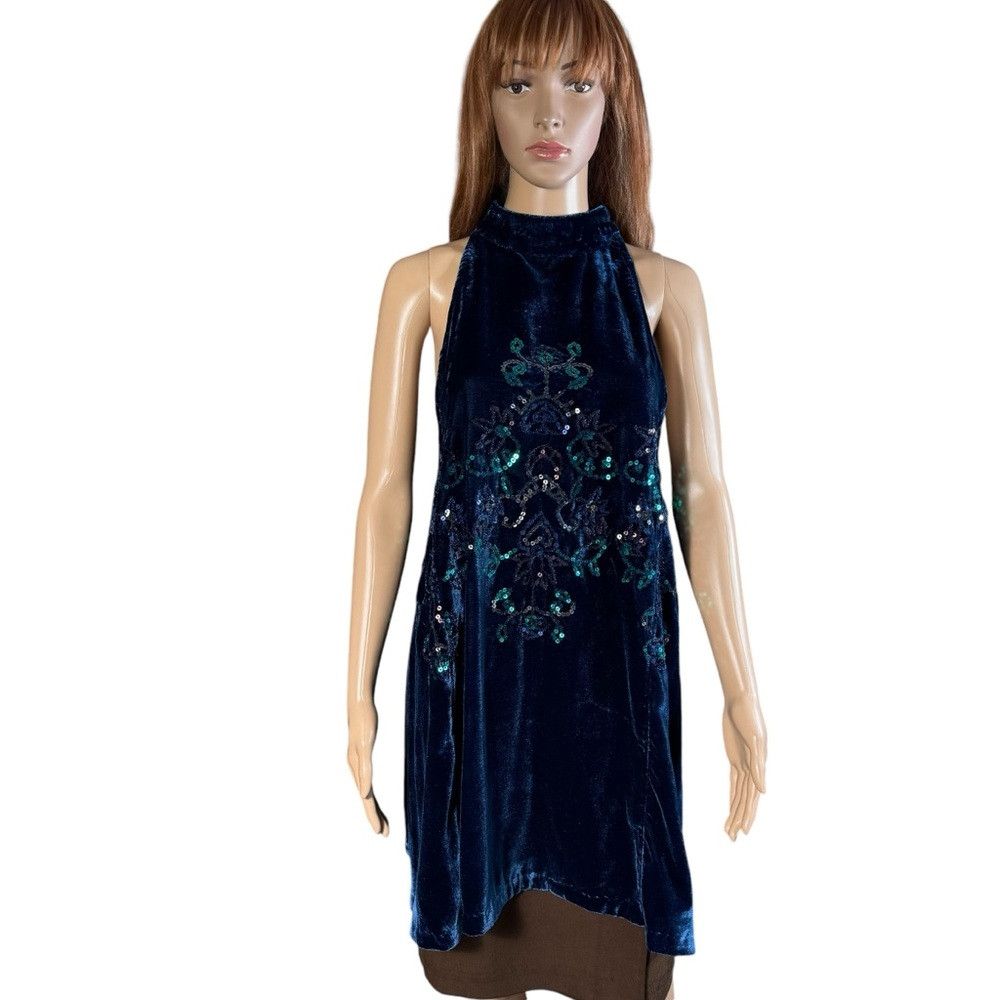 Free People Free People Jill's Navy Blue Velvet Sequin Swing Dress Tuni Size S / US 4 / IT 40 - 3 Thumbnail