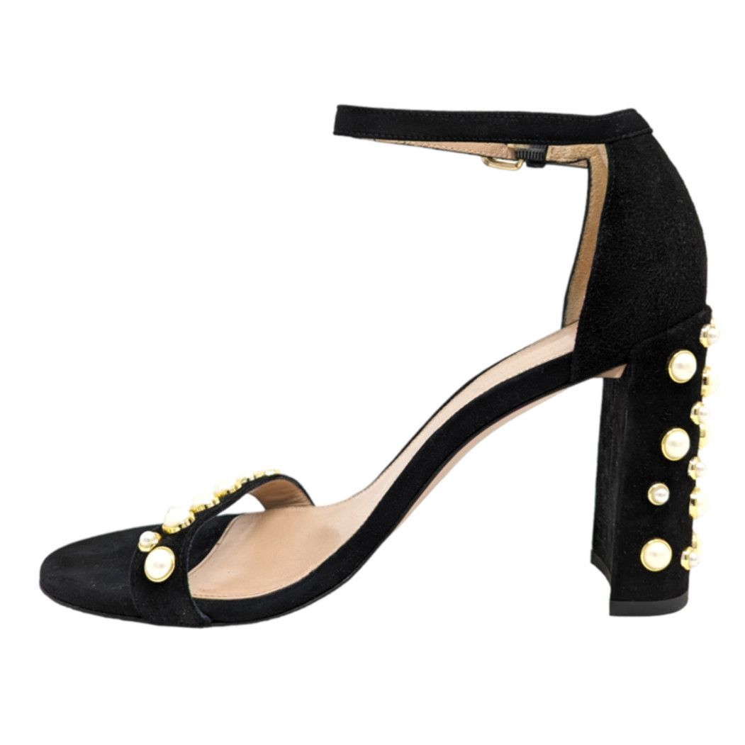 image of Stuart Weitzman Morepearls Black Suede Block Heel Shoes Sandal 10, Women's