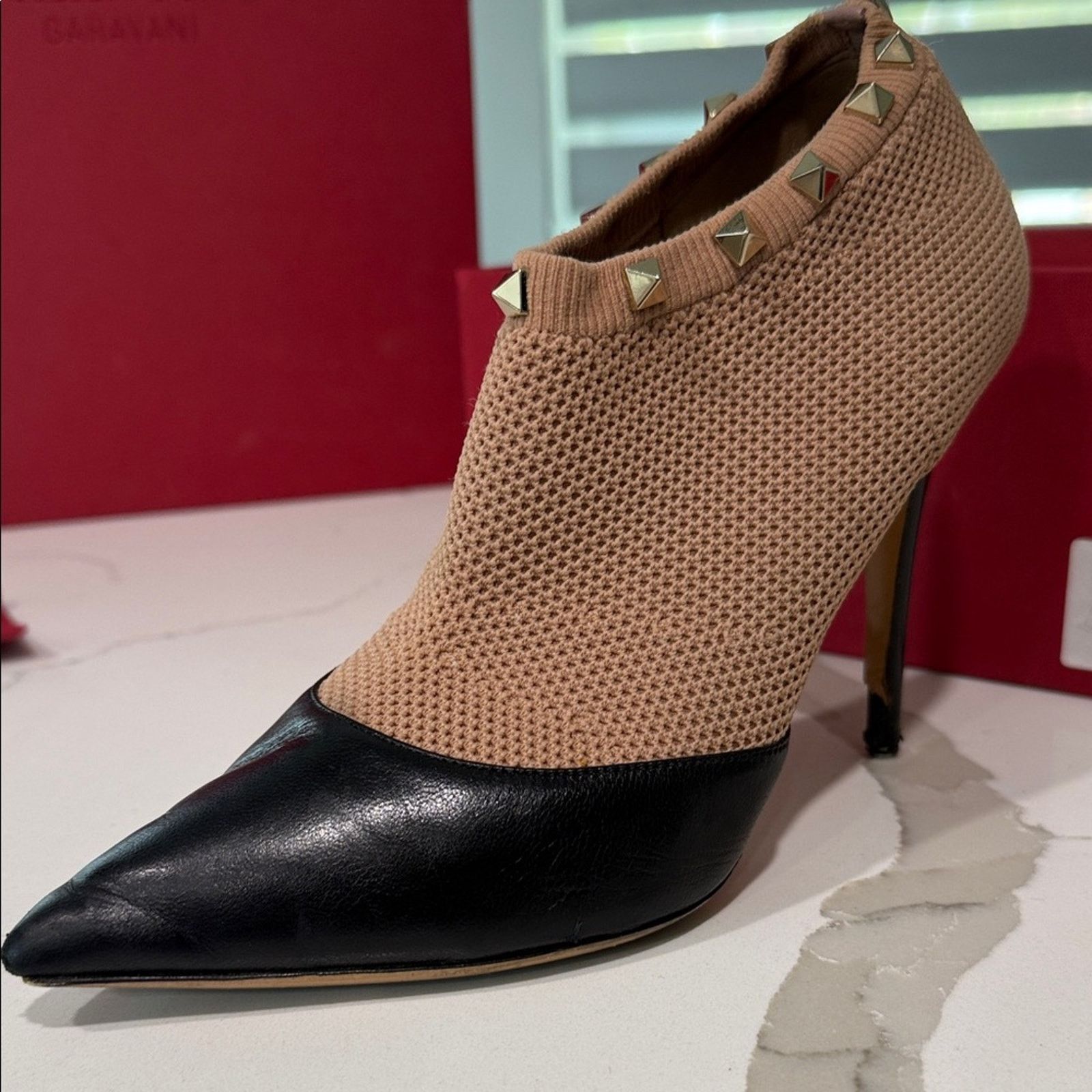 Valentino Valentino Garavani Beige Mesh Black Leather Studded Bootie Size US 8.5 / IT 38.5 - 9 Thumbnail