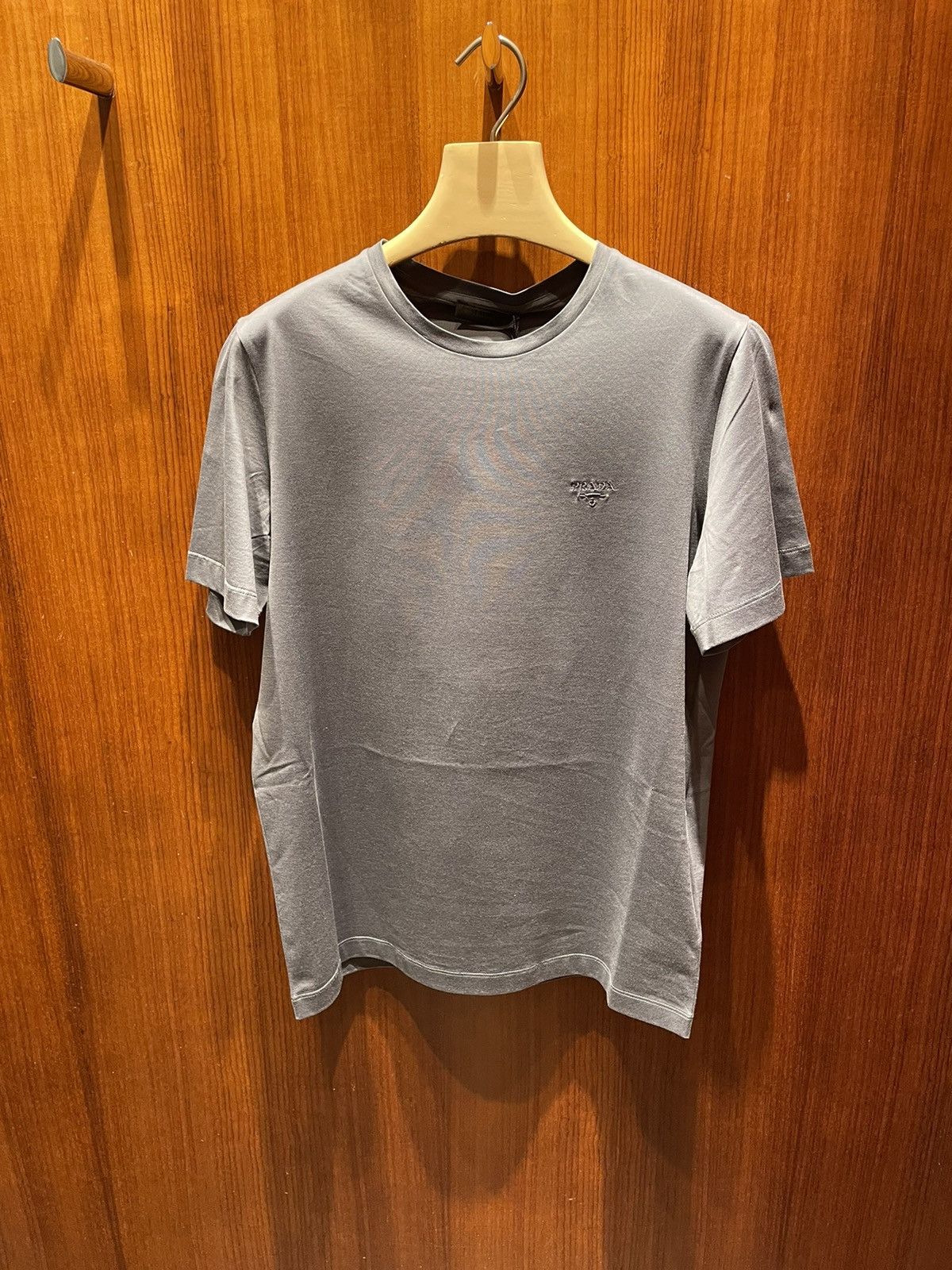 image of Prada Embroidered Chest Logo T-Shirt in Dark Grey, Men's (Size 2XL)