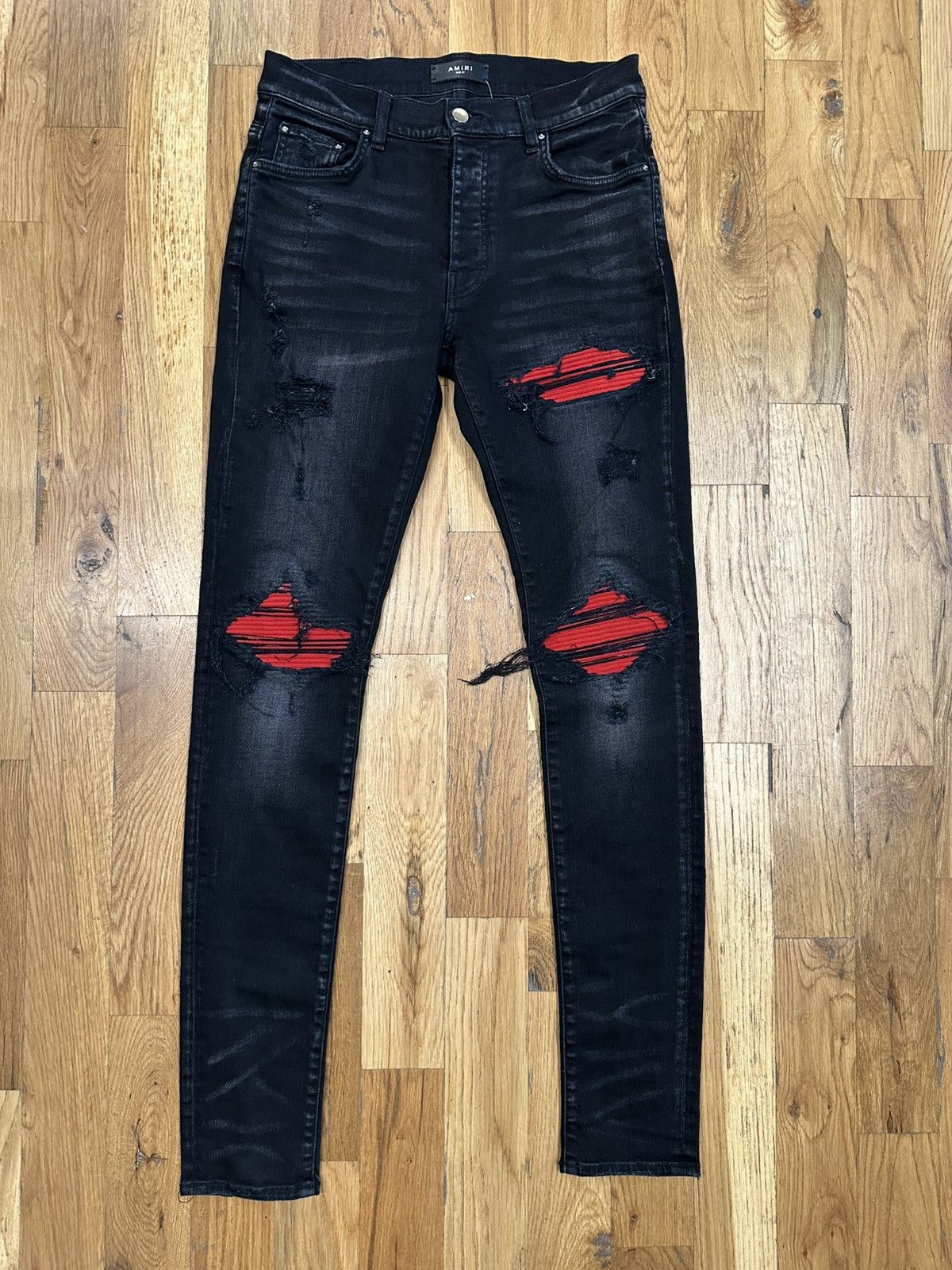 Amiri MX1 Red Suede Black Denim Jeans Size 31