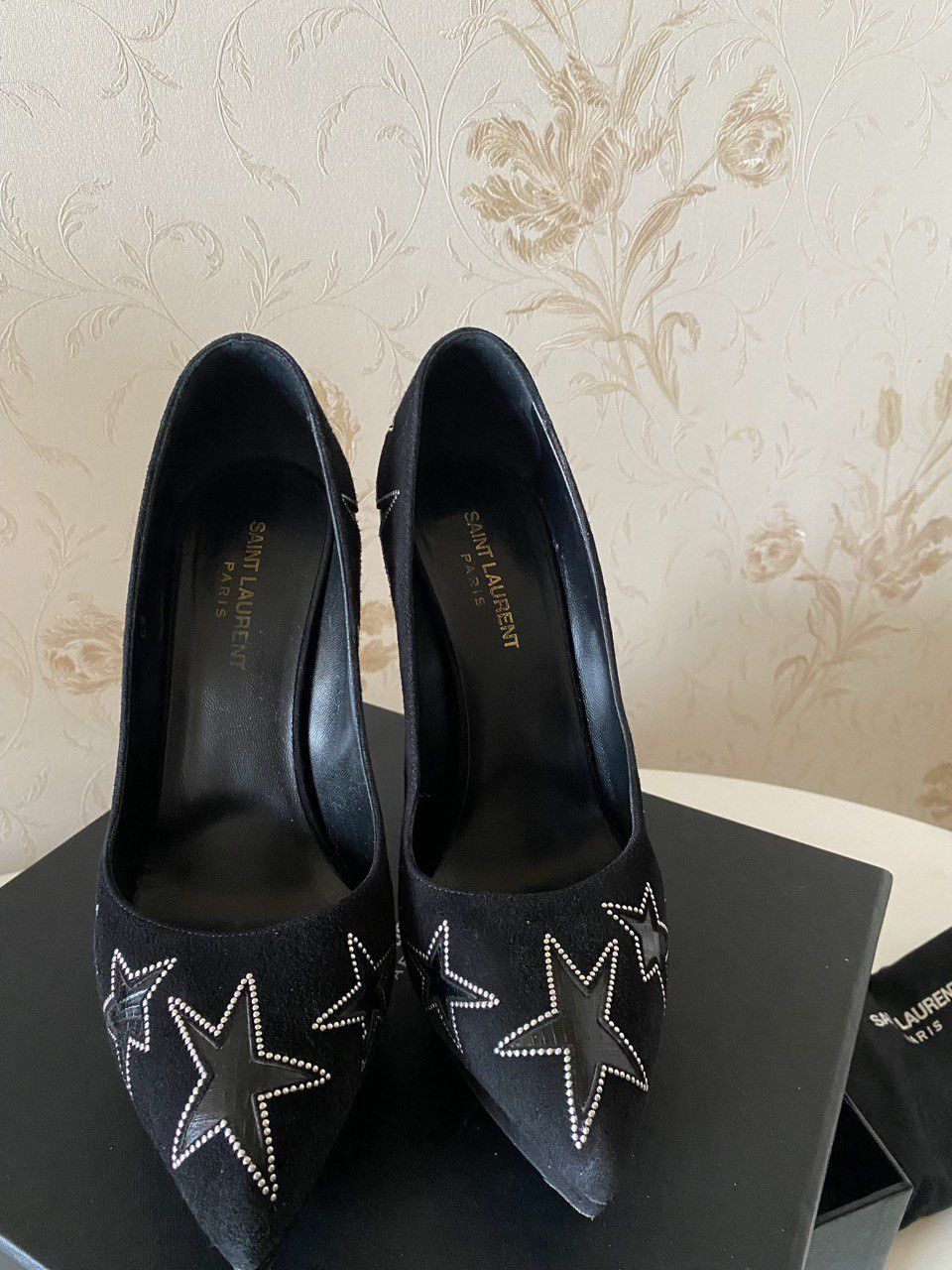 Yves Saint Laurent SAINT LAURENT BLACK VELVET STAR STUDDED PLATFORM HEELS Size US 9.5 / IT 39.5 - 5 Thumbnail