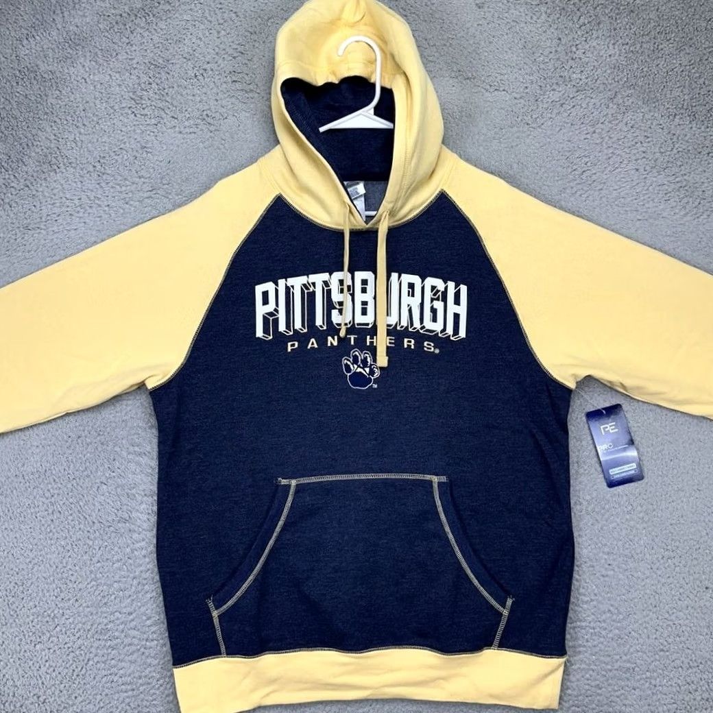 Vintage Pittsburgh Panthers Sweatshirt Mens Large Blue Yellow Pro Edge Hoodie Pocket Raglan Sleeve Ncaa Pitt Panthers Gear Size US L / EU 52-54 / 3 - 3 Thumbnail