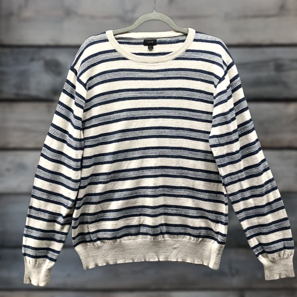 J.Crew VINTAGE J. Crew Rugged Cotton Striped Crewneck Sweater Mens L Beige Navy Textured Size US L / EU 52-54 / 3 - 1 Thumbnail