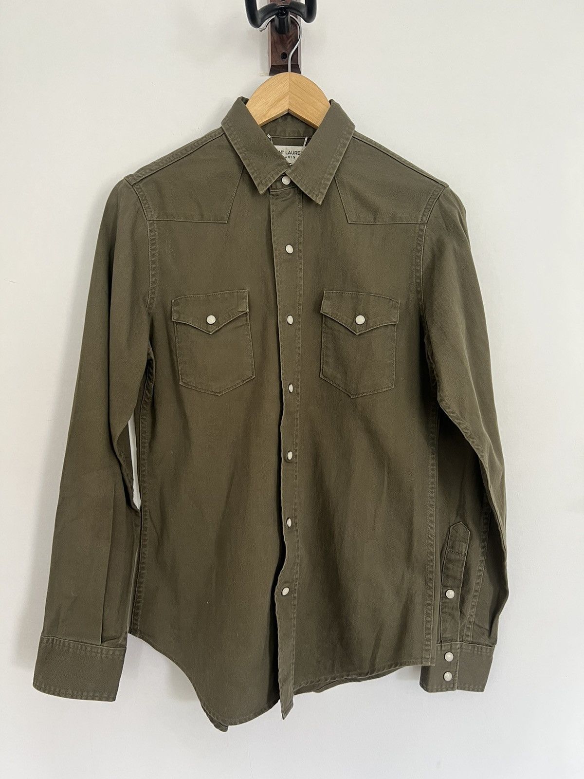 image of Saint Laurent Paris Pearl Buttons Hedi Army Shirt Western in Green, Men's (Size XS)