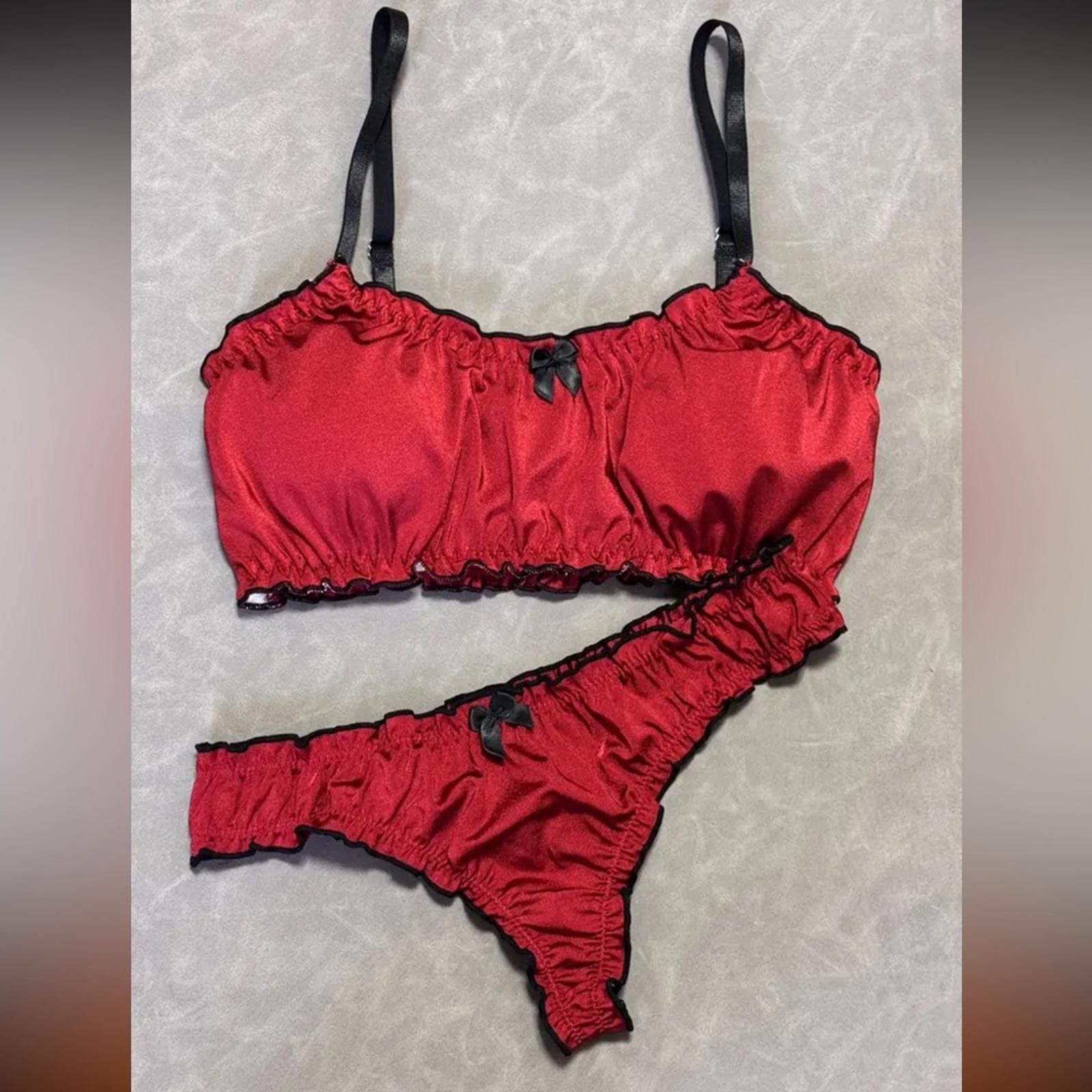 Designer Red Satin Lingerie Set Bralette and Thong Panty Size ONE SIZE - 3 Thumbnail