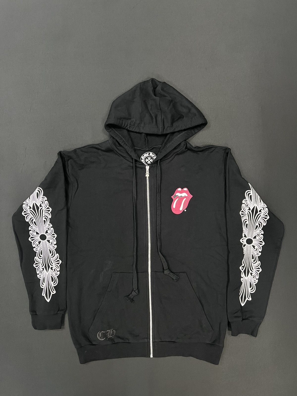 image of Chrome Hearts Red Rolling Stones Black Zip-Up, Men's (Size Large)