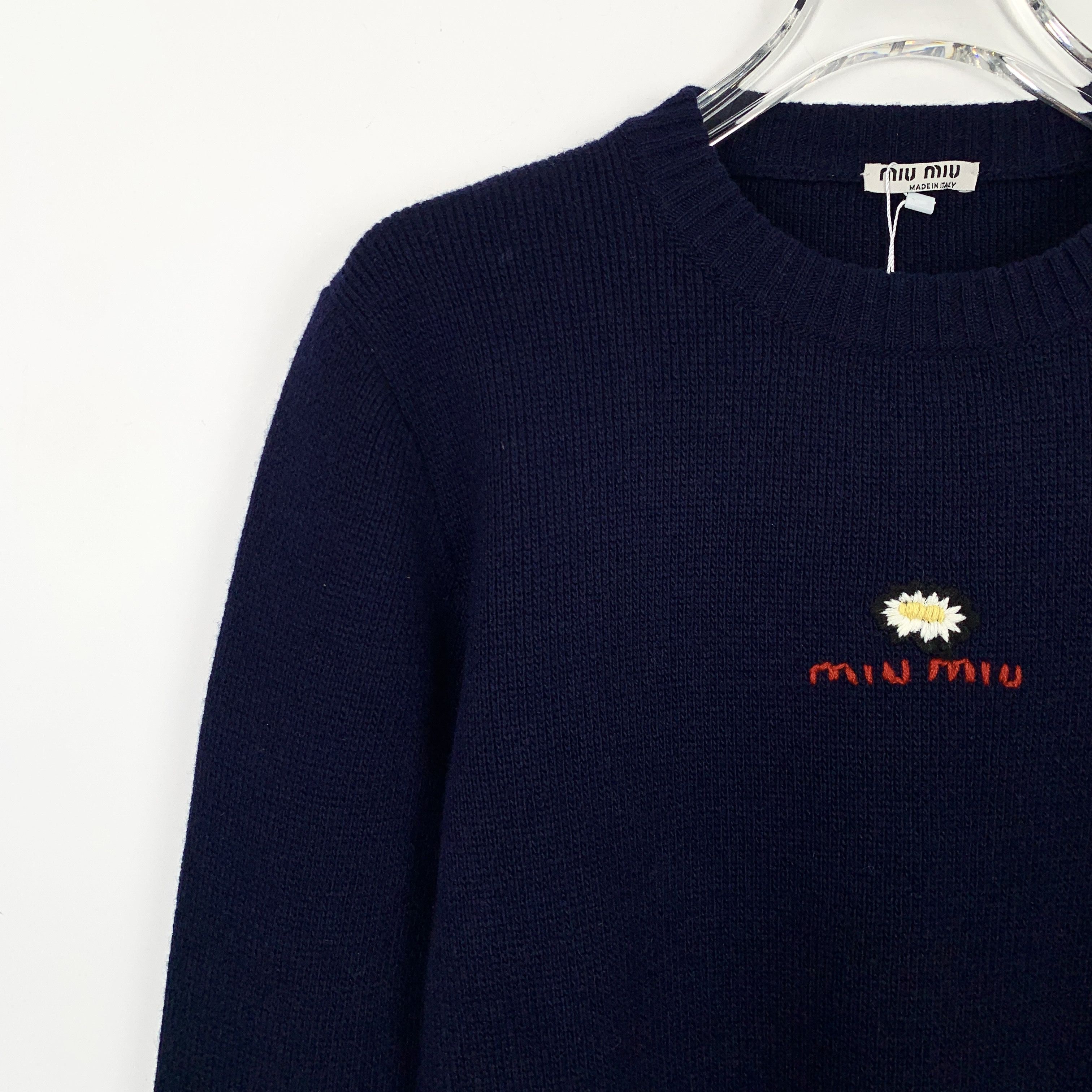 Miu Miu Miu Miu Navy Daisy Logo Wool Knit Sweater (Size S) Size S / US 4 / IT 40 - 7 Thumbnail