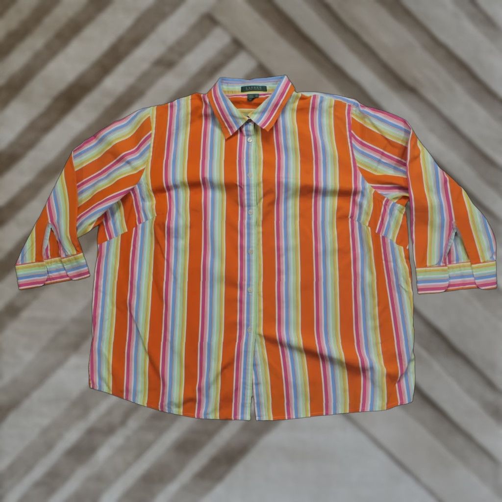 Ralph Lauren Ralph Lauren Shirt Womens 2X Multicolor Striped Button-Up Casual Sleeve 3/4, Collared, Cotton Polyester, Pockets, Plus Size Womens Size XXL / US 16-18 / IT 52-54 - 1 Thumbnail