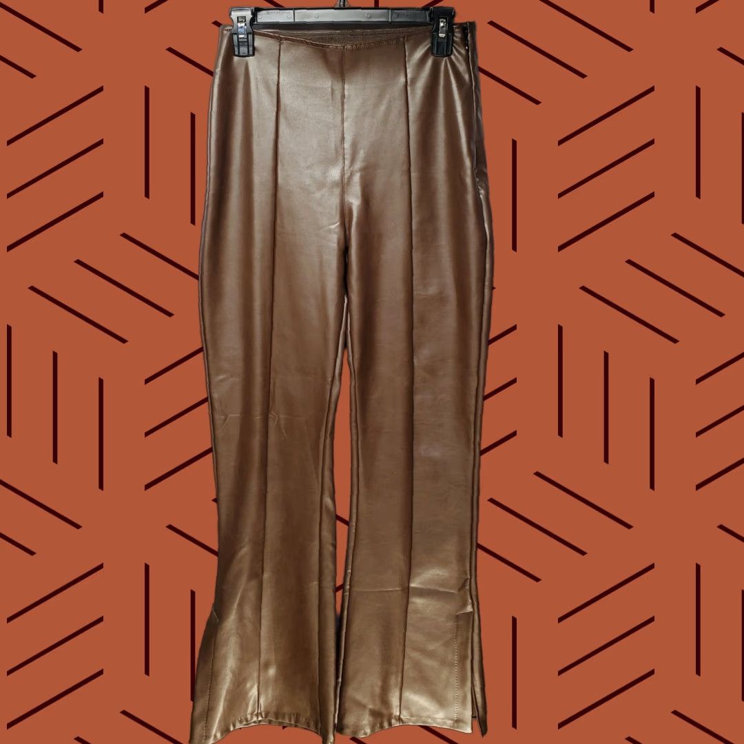 VINTAGE Abercrombie & Fitch Women Pants Flare Faux Leather Brown Medium Stylish 90s
