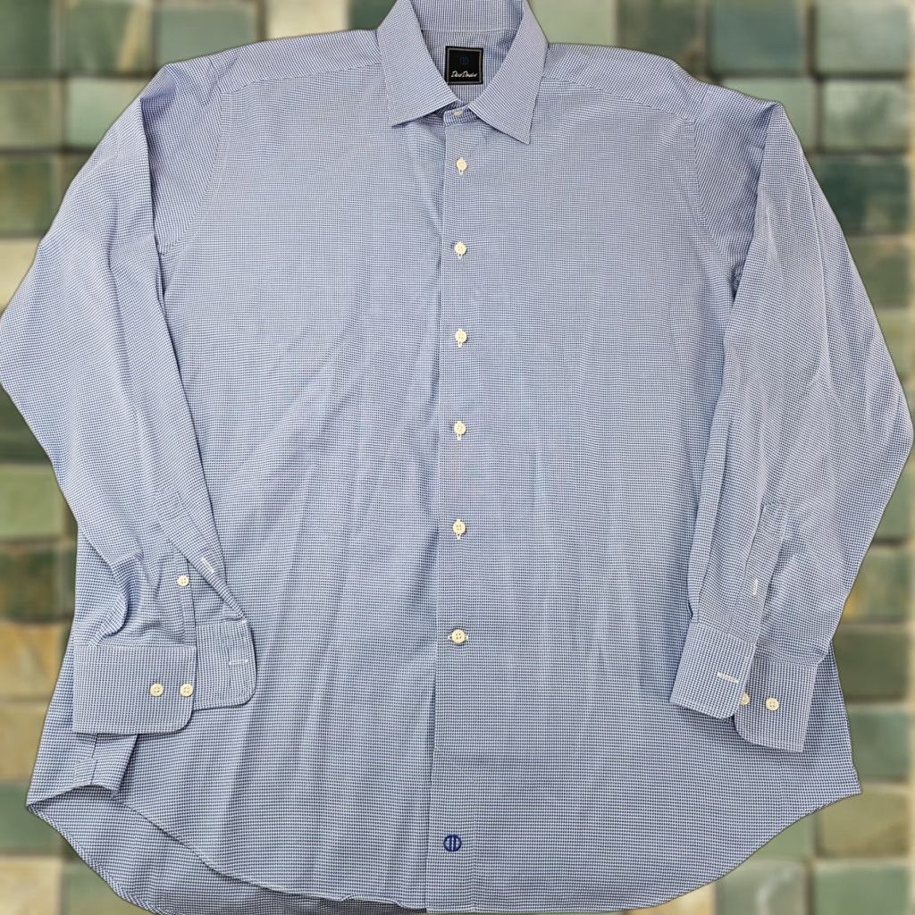 David Donahue David Donahue Shirt Mens 17.5 Blue Houndstooth Cotton Button Front Size 48R - 1 Thumbnail