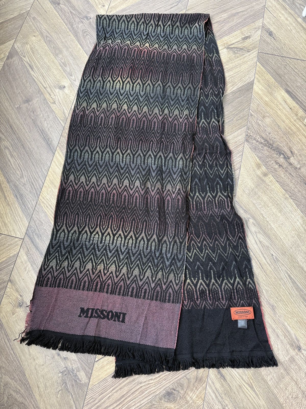 Vintage Missoni Wool Scarf Black Multicolor Geometric