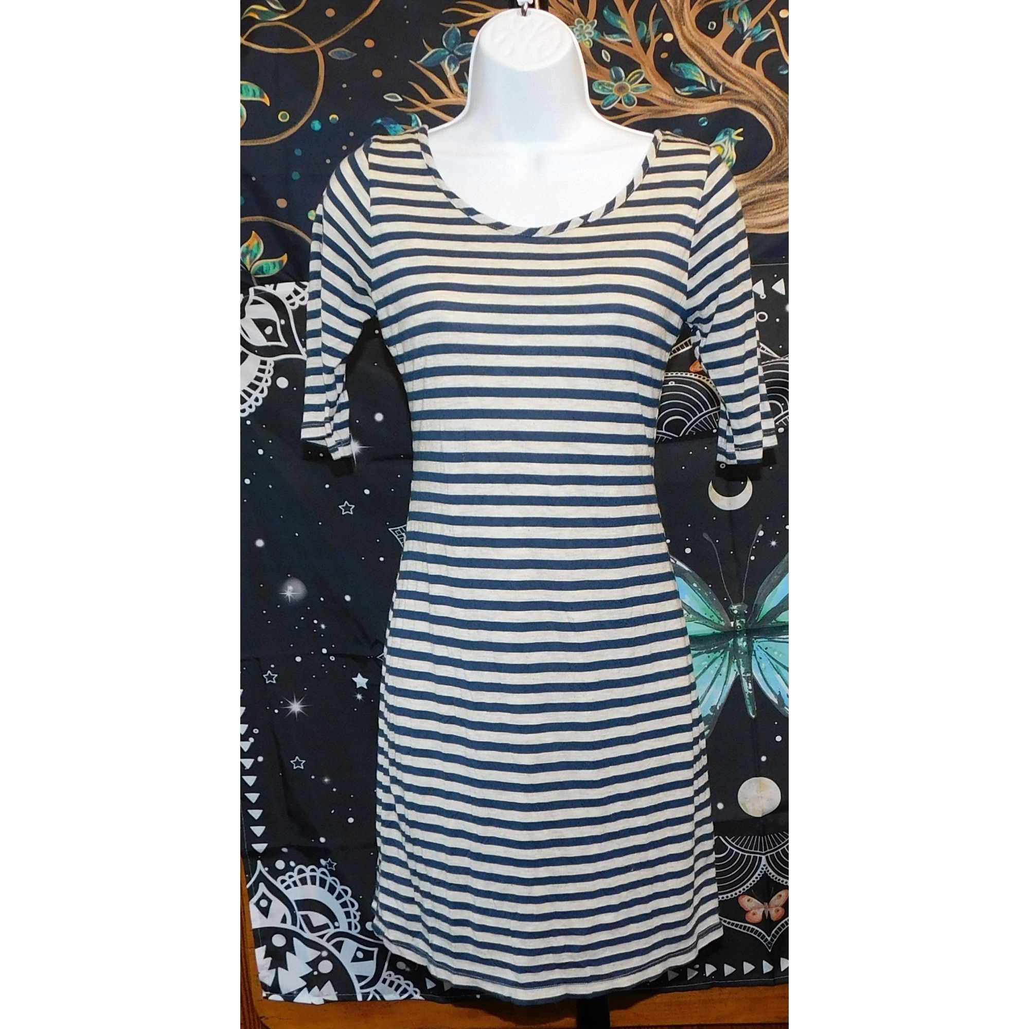 Other Velvet Touch Striped Blue And Grey Bodycon Dress Size L / US 10 / IT 46 - 1 Thumbnail
