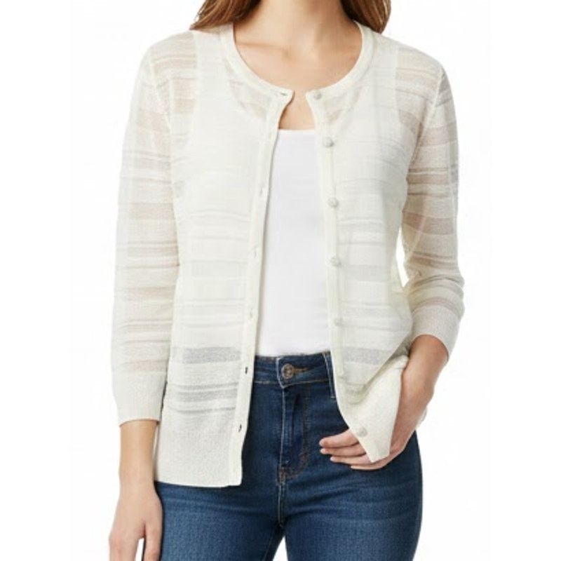 Other New York & Co Cream Sheer Knit Button Cardigan Sweater sz M Size M / US 6-8 / IT 42-44 - 2 Thumbnail
