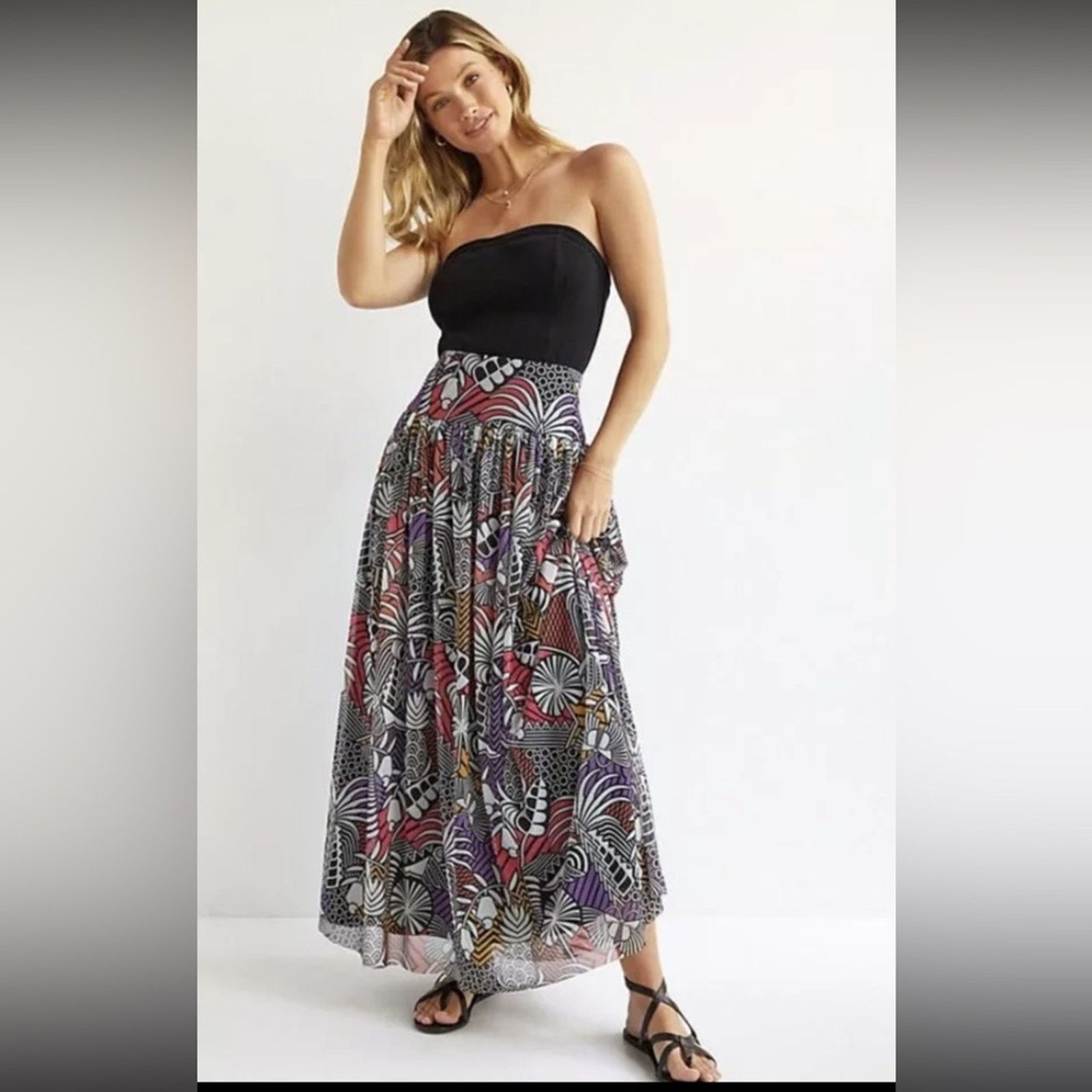 Farm Rio NEW FARM Rio Tropical Print Maxi Skirt - Black & Pink Size S Size 27" / US 4 / IT 40 - 4 Thumbnail