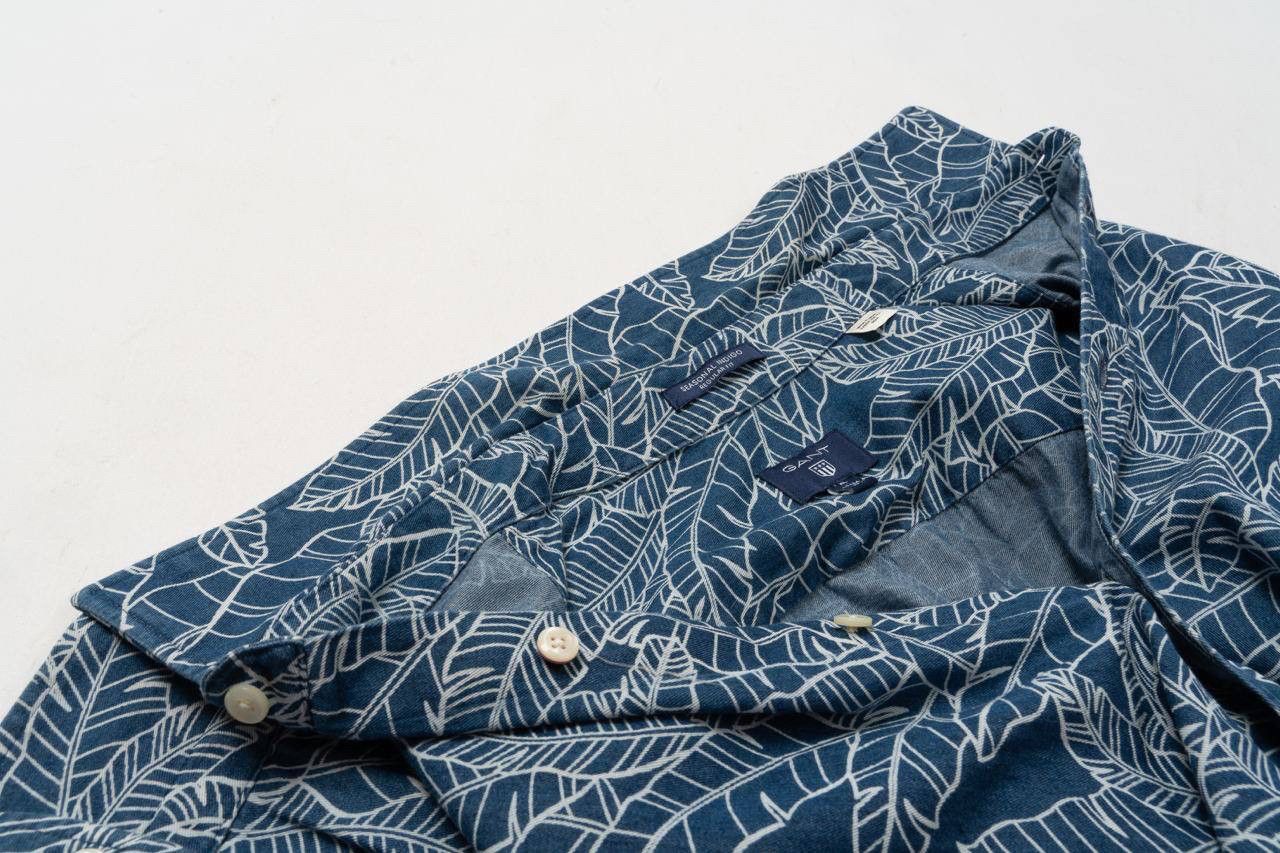 Gant 🔵 GANT Seasonal Indigo Blue Leaf Print Long Sleeve shirt Size US XL / EU 56 / 4 - 17 Thumbnail