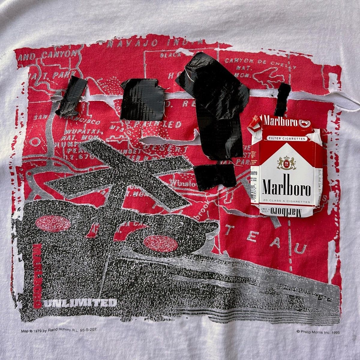 image of Marlboro x Marlboro Unlimited Made In Usa 1995 Red Marlb Pocket Tee Trashed Paint Splatter in White