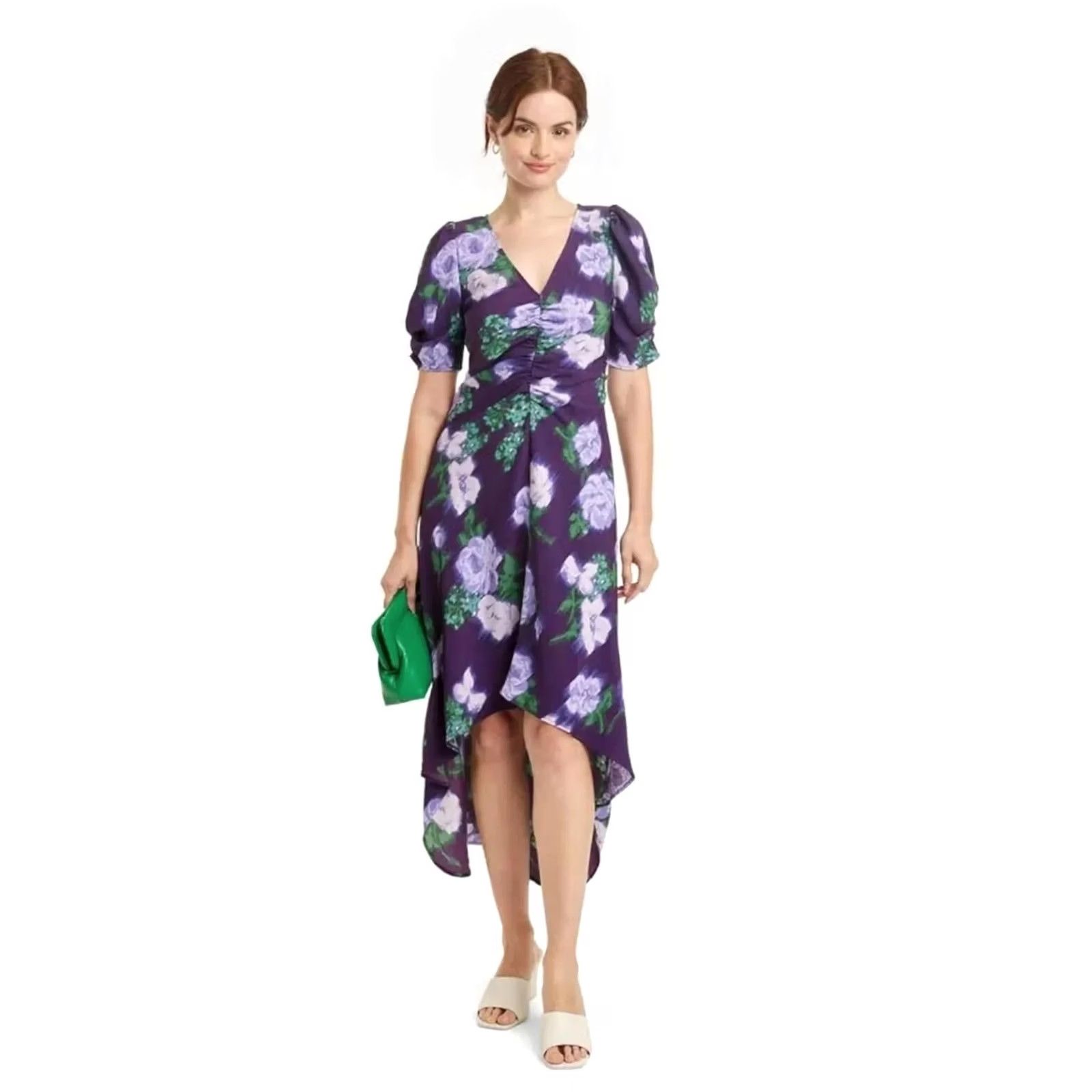 Vintage A New Day Midi High Low Dress Womens XS Navy Floral V-Neck Crepe Purple NEW Size M / US 6-8 / IT 42-44 - 2 Thumbnail