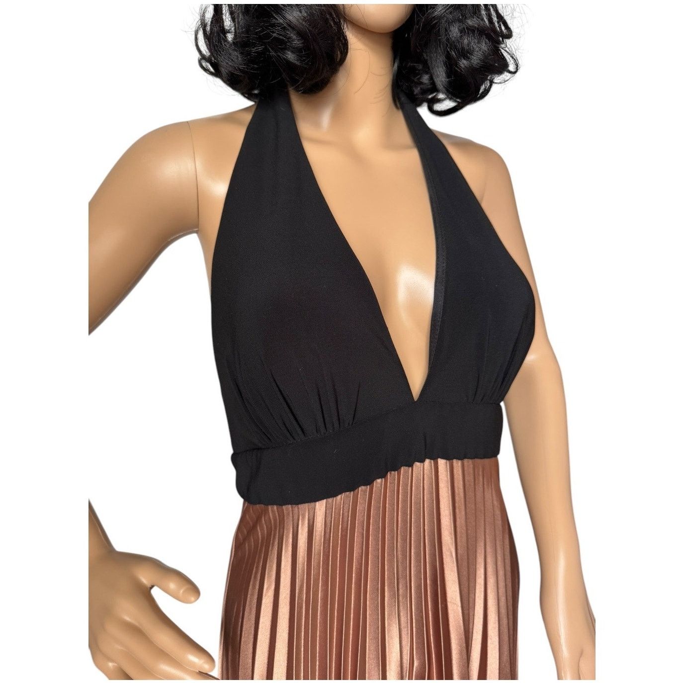 Betsy & Adam Black Halter neck dress gold pleated skirt 10