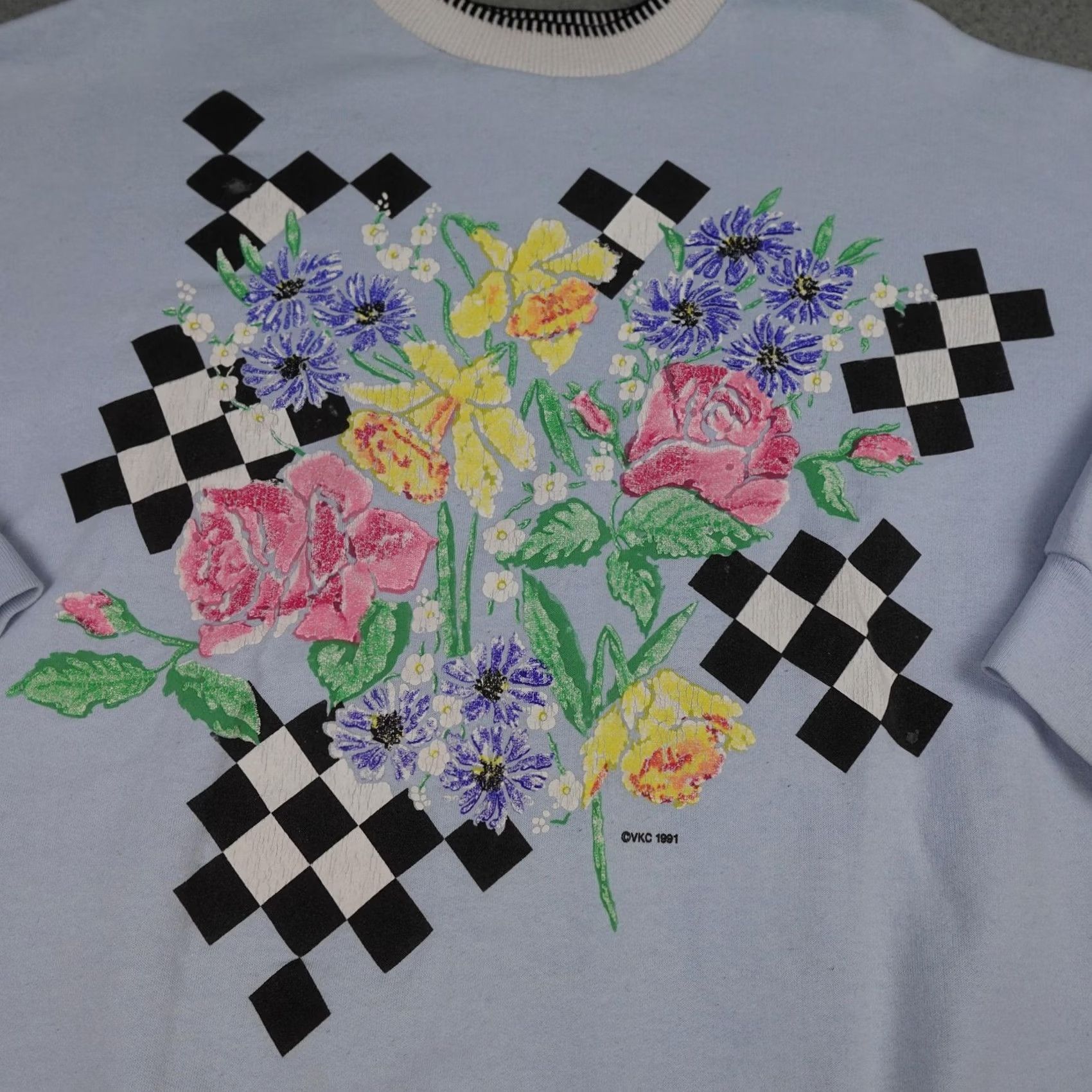 Vintage VINTAGE Briazzi Sweatshirt Womens L Blue Floral Checkerboard Graphic 90s Womens Size L / US 10 / IT 46 - 5 Thumbnail