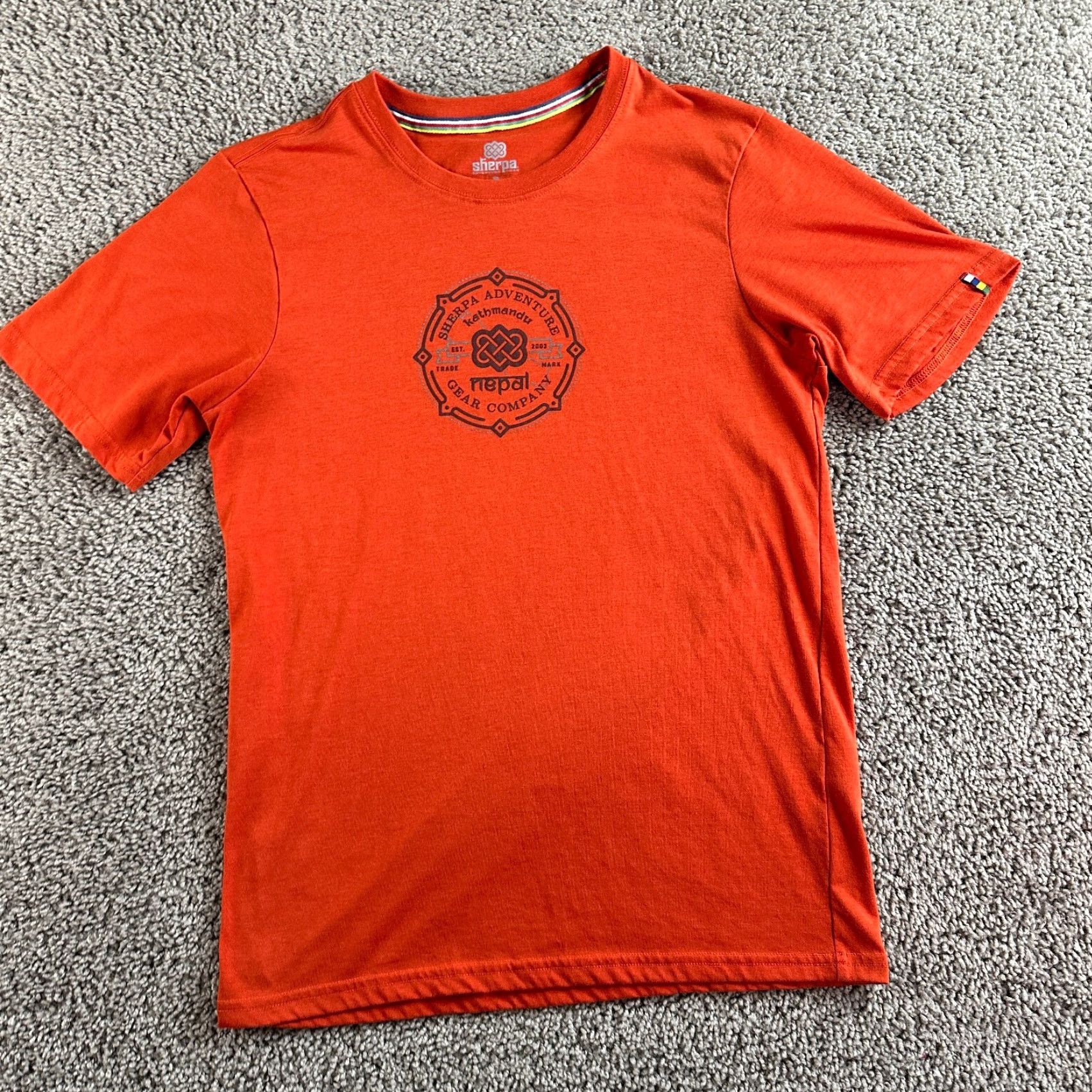 Vintage Sherpa Shirt Mens Small Orange Kathmandu Nepal Short Sleeve Graphic Print Logo Crew Neck T-Shirt Size US S / EU 44-46 / 1 - 2 Thumbnail
