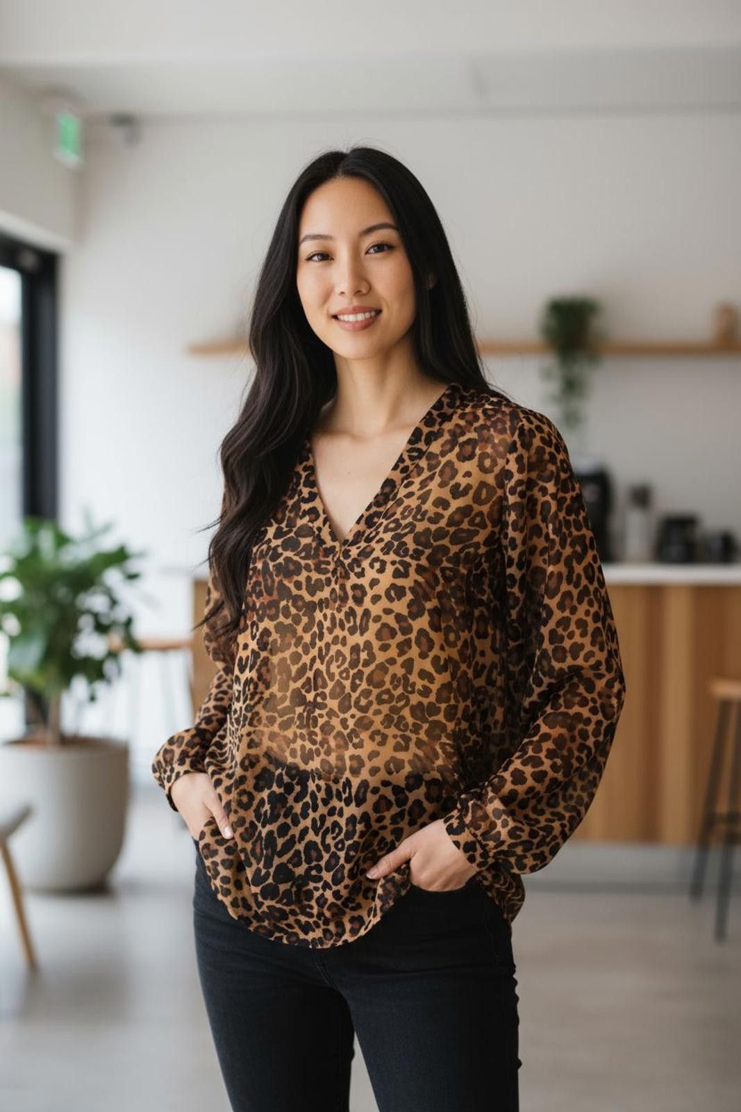 Designer Show Me Your Mumu Women's Leopard Print Sheer V-Neck Blouse Size M / US 6-8 / IT 42-44 - 1 Thumbnail