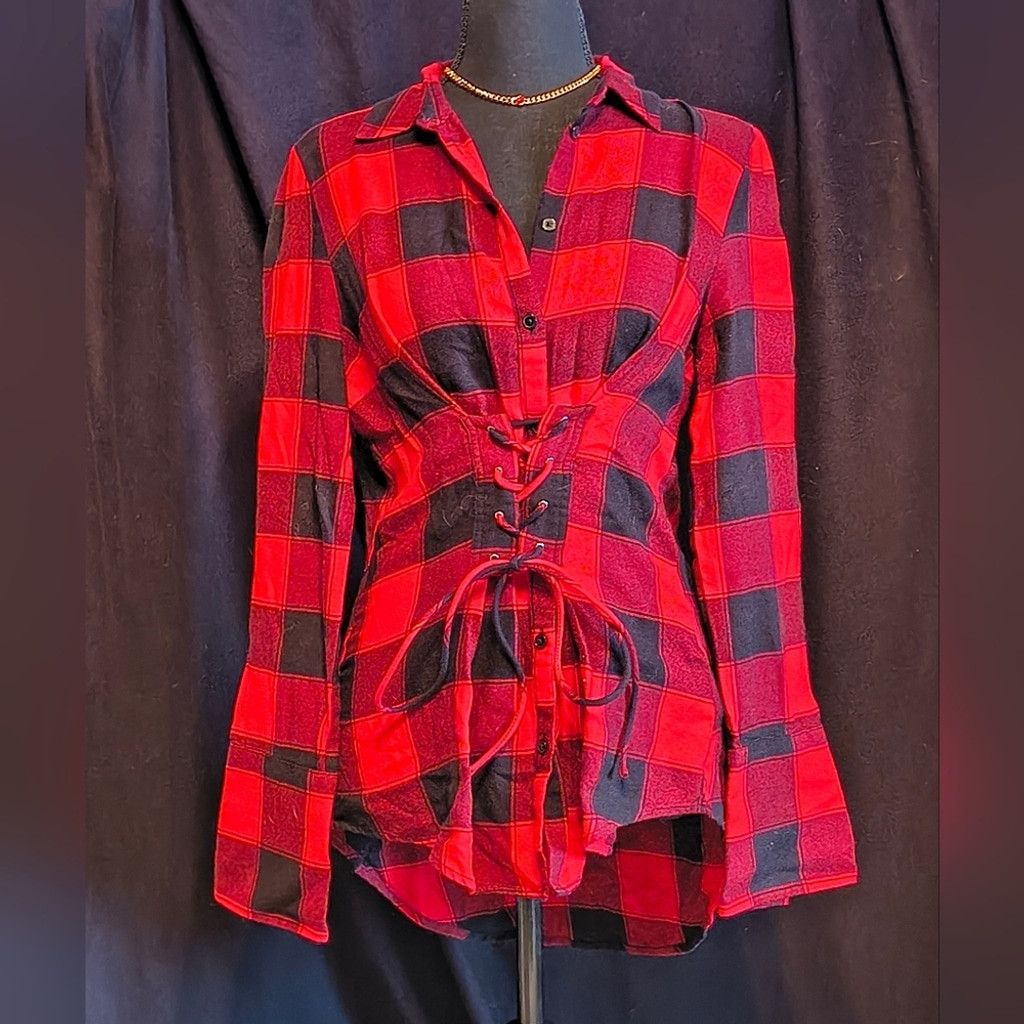 Express Express Plaid Lace-Up Women's Vintage Button Down Shirt Size S / US 4 / IT 40 - 1 Thumbnail
