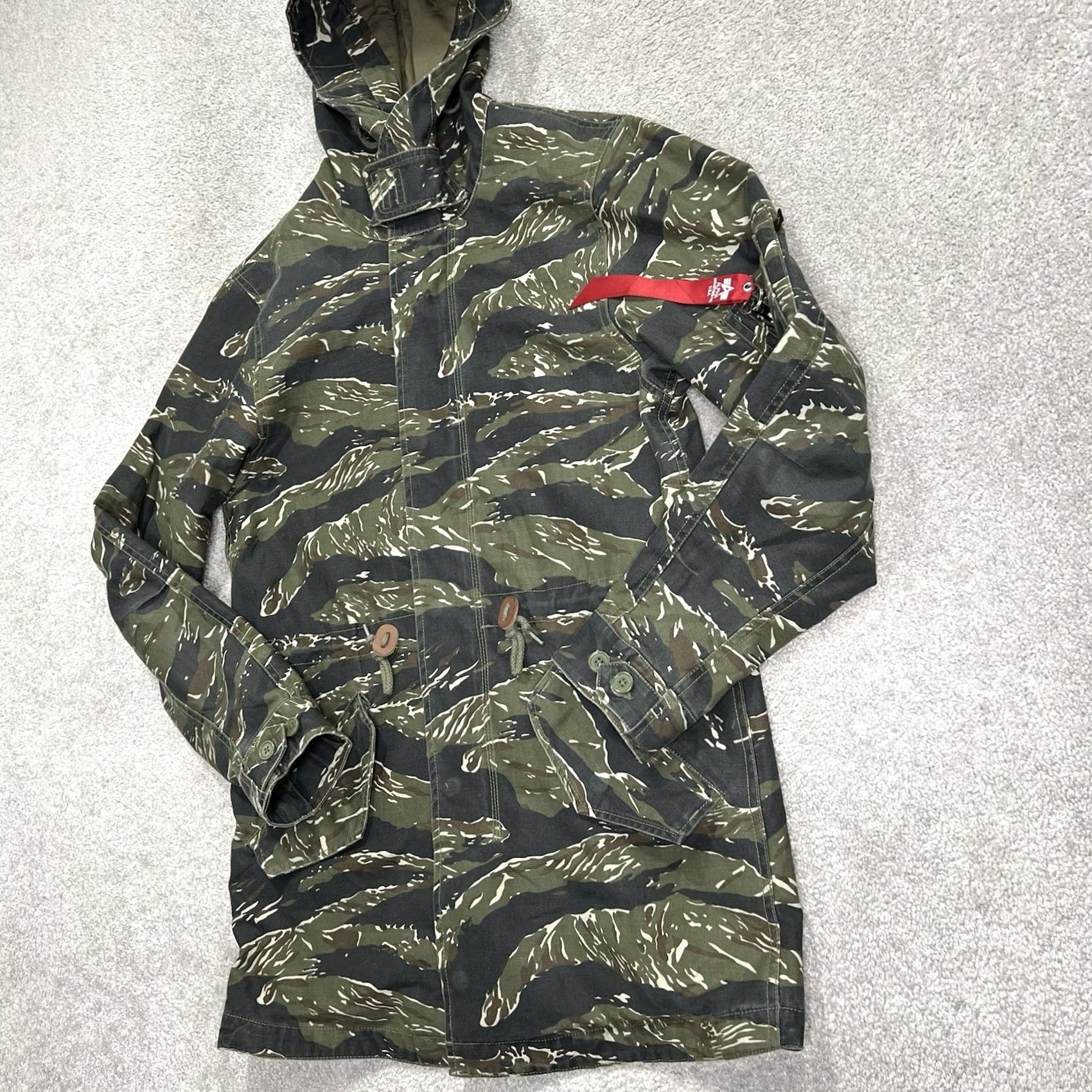 Alpha Industries VINTAGE? No — Alpha Industries Jacket Mens Small Camo Hooded Field Coat Tiger Stripe Zip Green Jacket Size US S / EU 44-46 / 1 - 5 Thumbnail