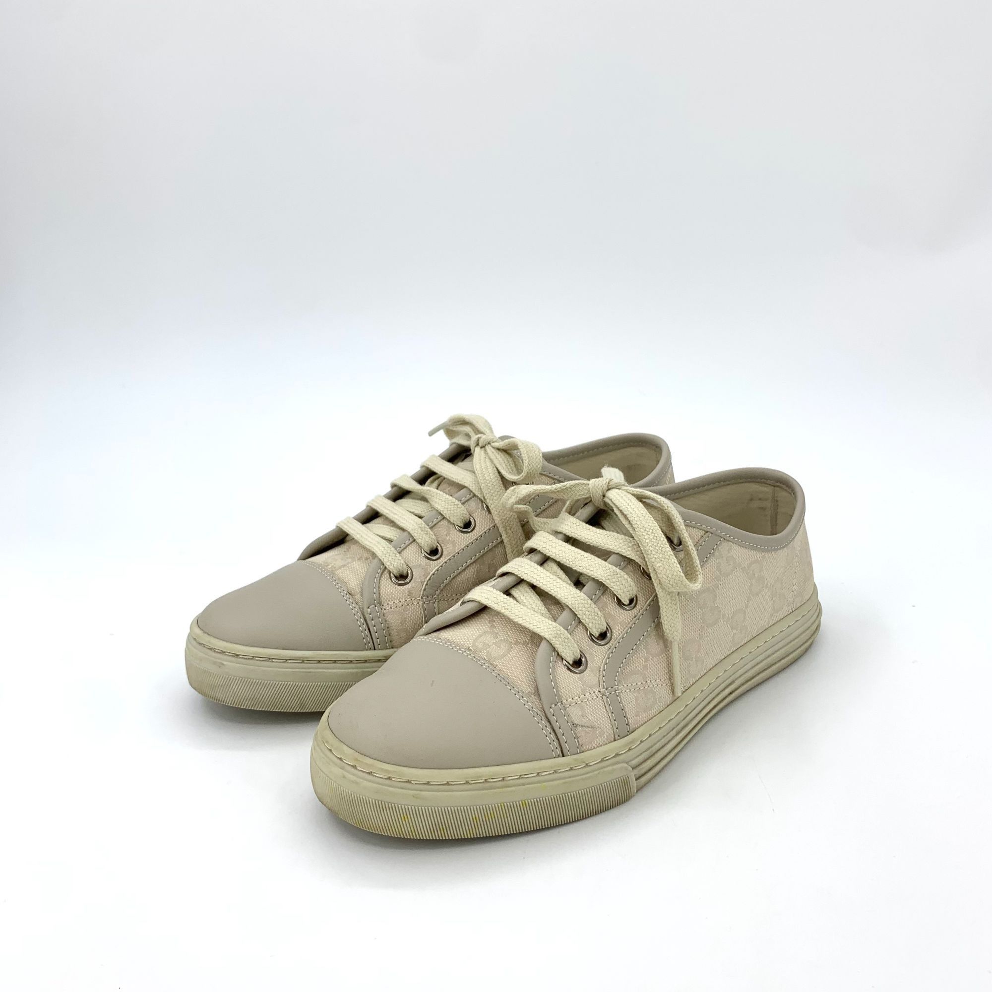 Gucci Gucci Beige Leather & Canvas Lace-Up Sneakers Size US 7 / IT 37 - 1 Thumbnail