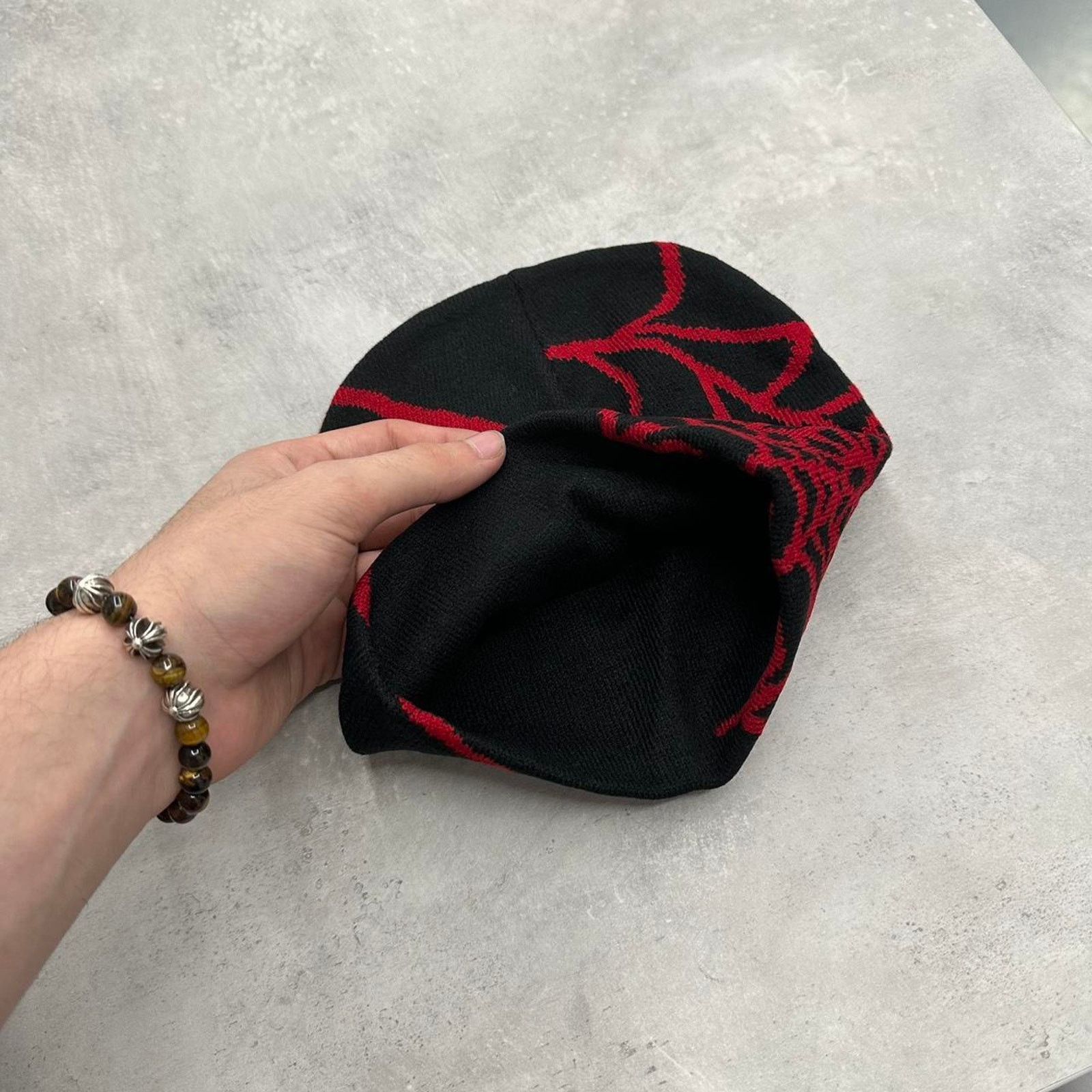 Other Vintage Style Red and Black Spider Web Beanie Hat Accessory Size ONE SIZE - 2 Thumbnail