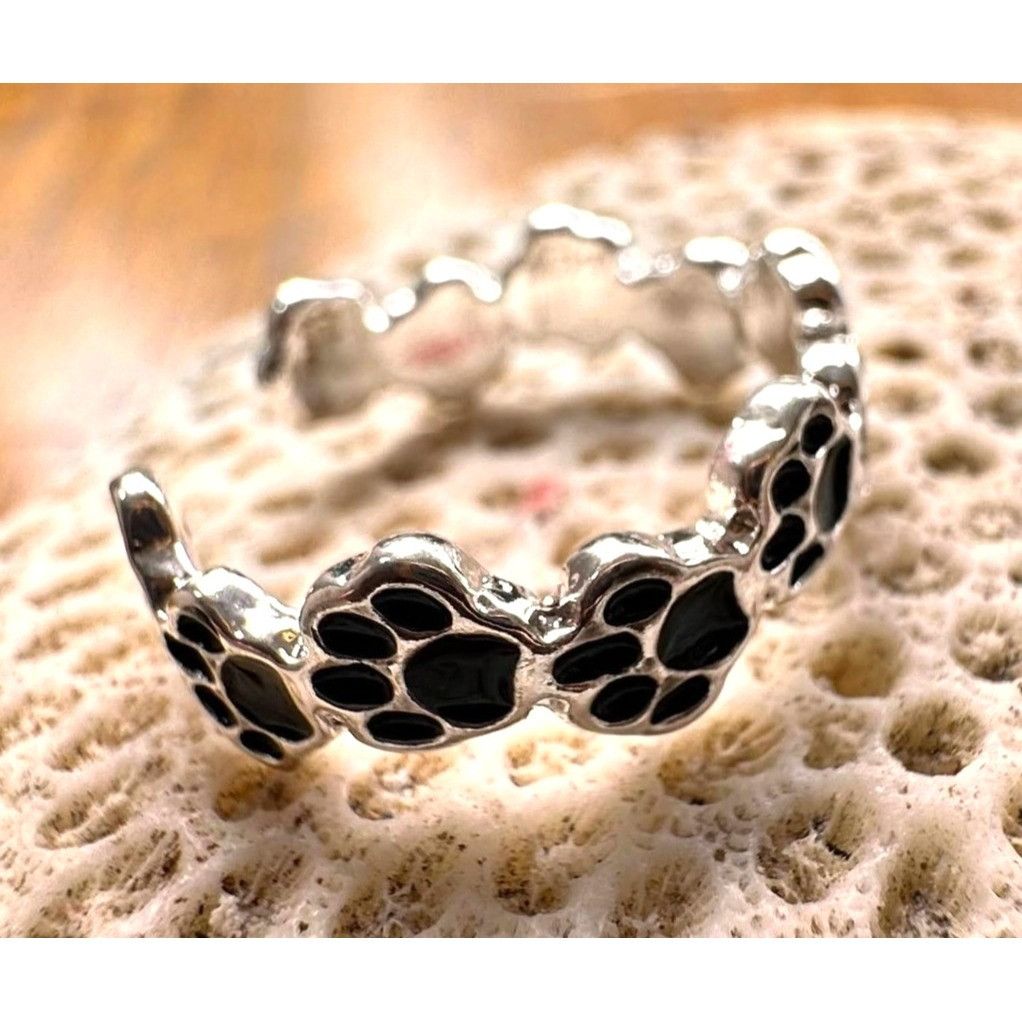 Handmade Paw Print Ring New Silver Black Dogs Cats Animal Rescue Pet Size ONE SIZE - 7 Thumbnail