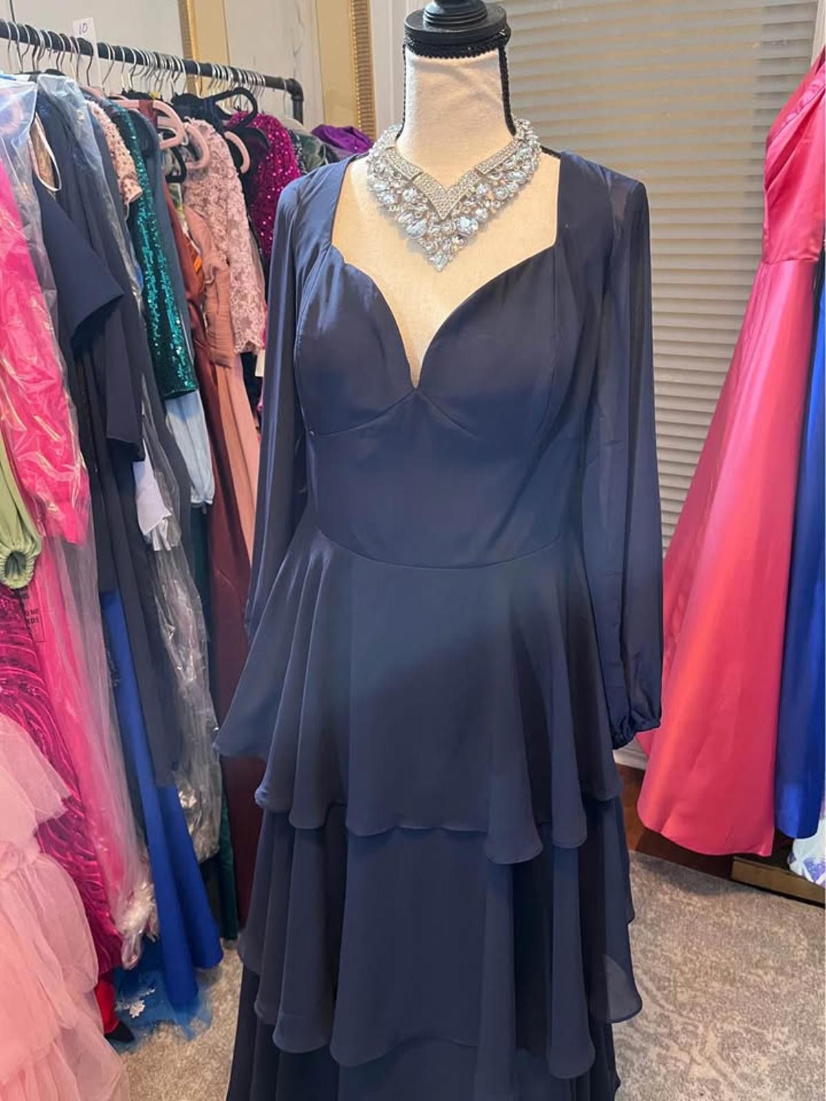 Size 16 layered navy blue long sheer sleeve gown