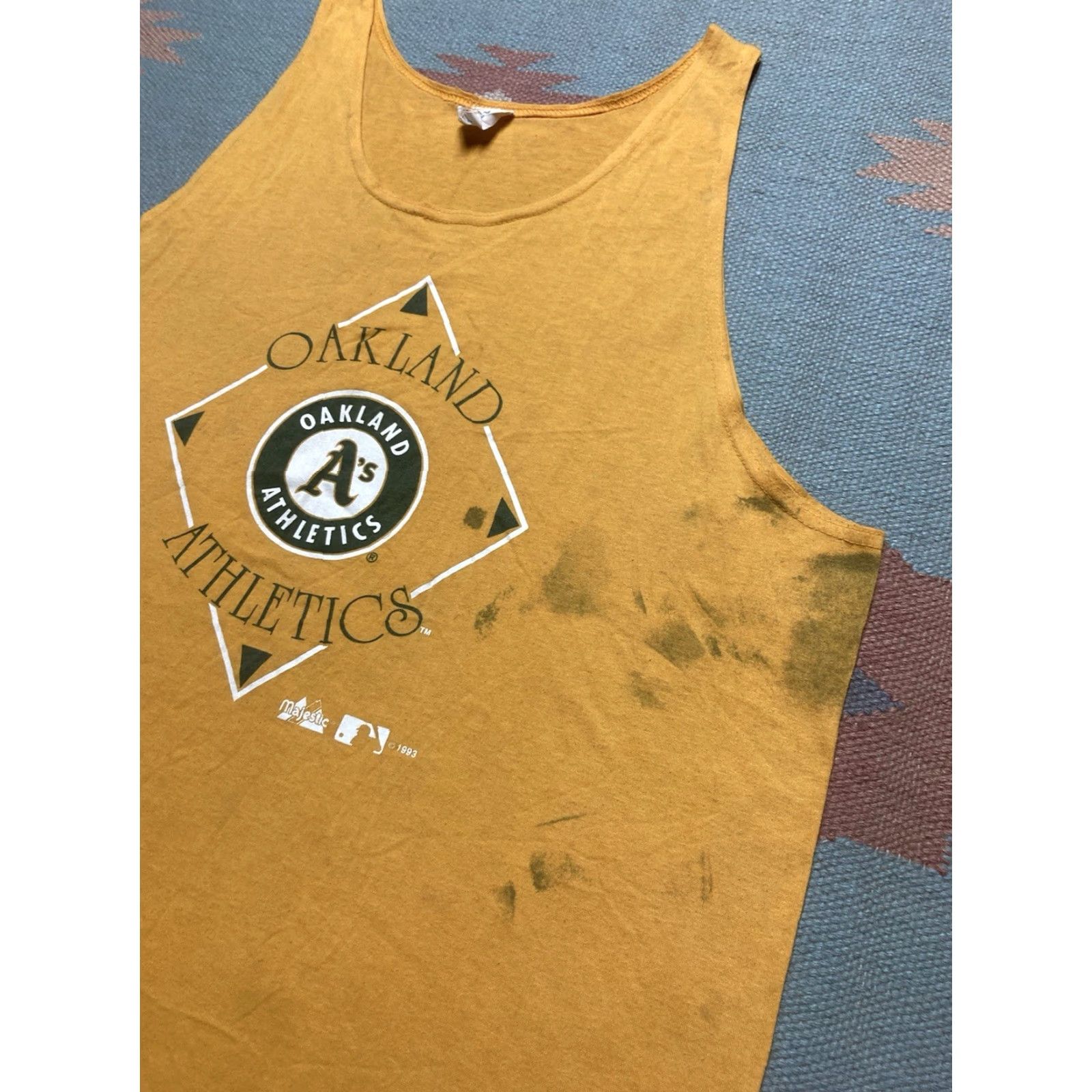 Vintage VINTAGE 90s Tank Top Sleeveless Shirt Oakland Athletic A’s Stained Distressed XL Shirt Men Yellow 90s Athletic T-Shirt Mens XL Bays? Size US XL / EU 56 / 4 - 4 Thumbnail