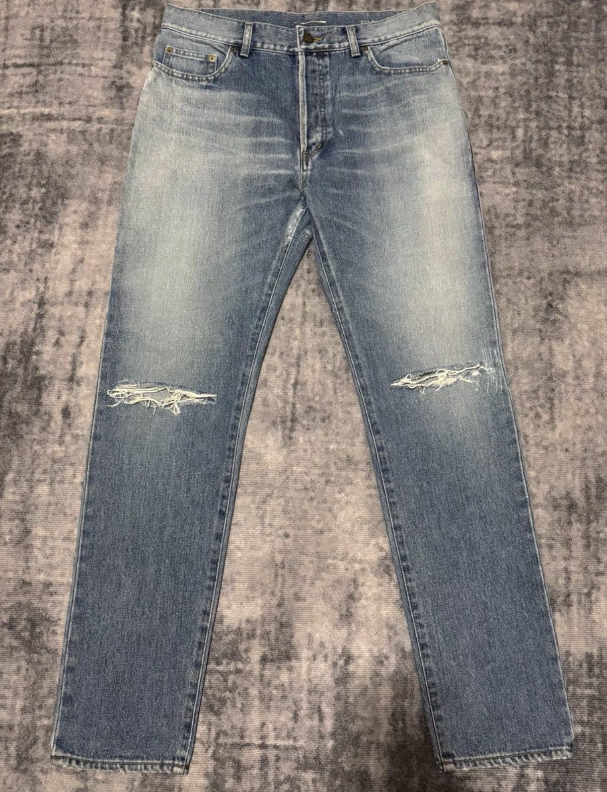 Saint Laurent Paris SLP 16SS Runway "Cat Paw" Light Blue Patch Slash Denim Jeans Size US 33 - 1 Thumbnail