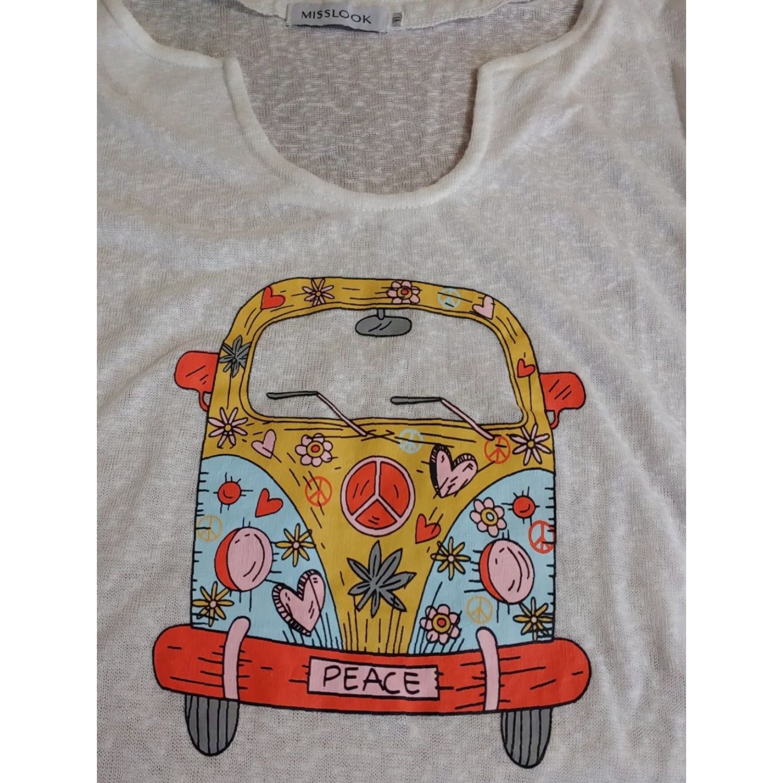 Vintage Misslook Top Womens XL White L/S Graphic Design Pullover Bus Peace Sign Blouse Casual Sleeve Knit Cotton Blend Round Neck Machine Washable Women Size XL / US 12-14 / IT 48-50 - 2 Thumbnail