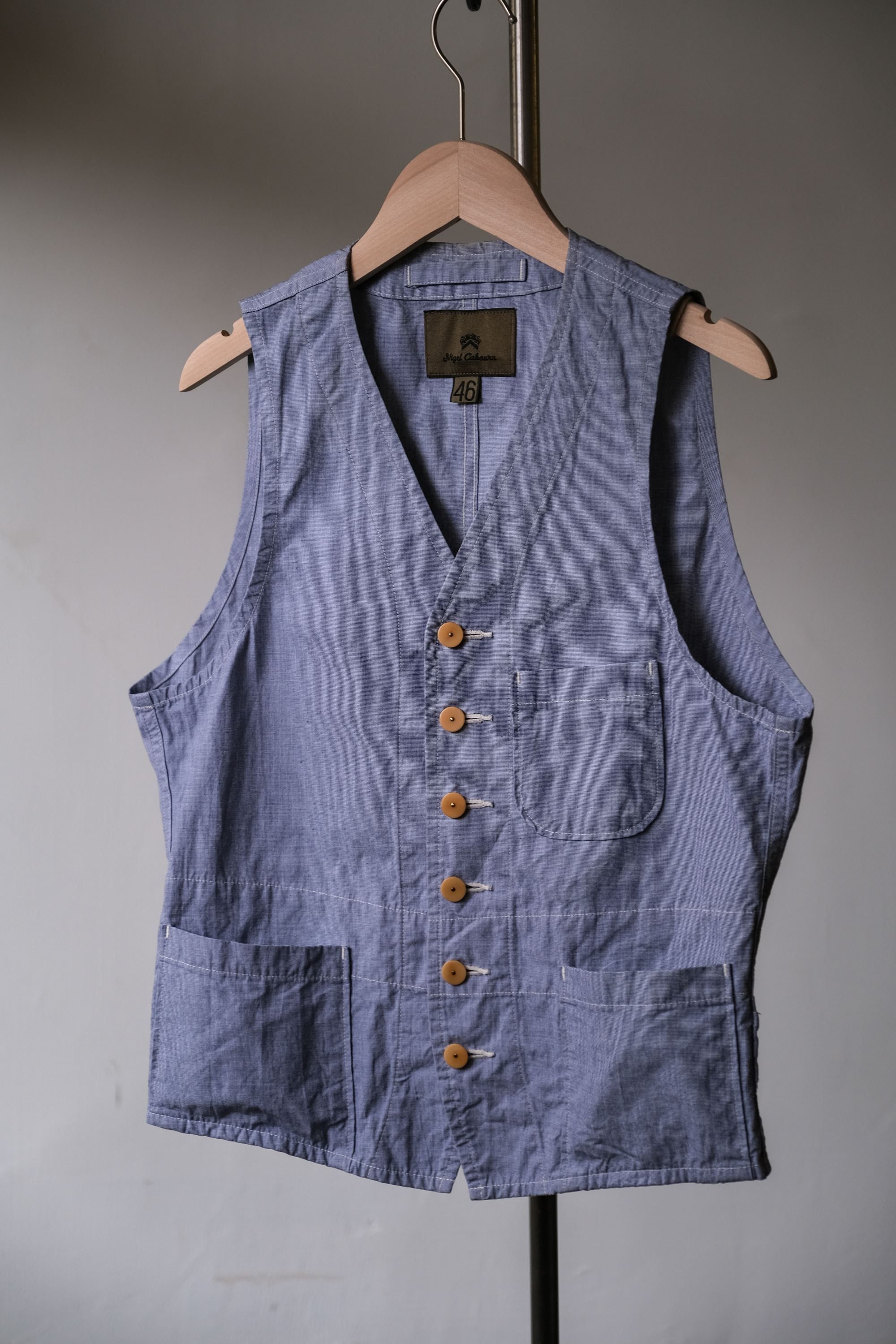 Image of Nigel Cabourn Linen Chambray Vest in Aqua Blue, Men's (Size Small)