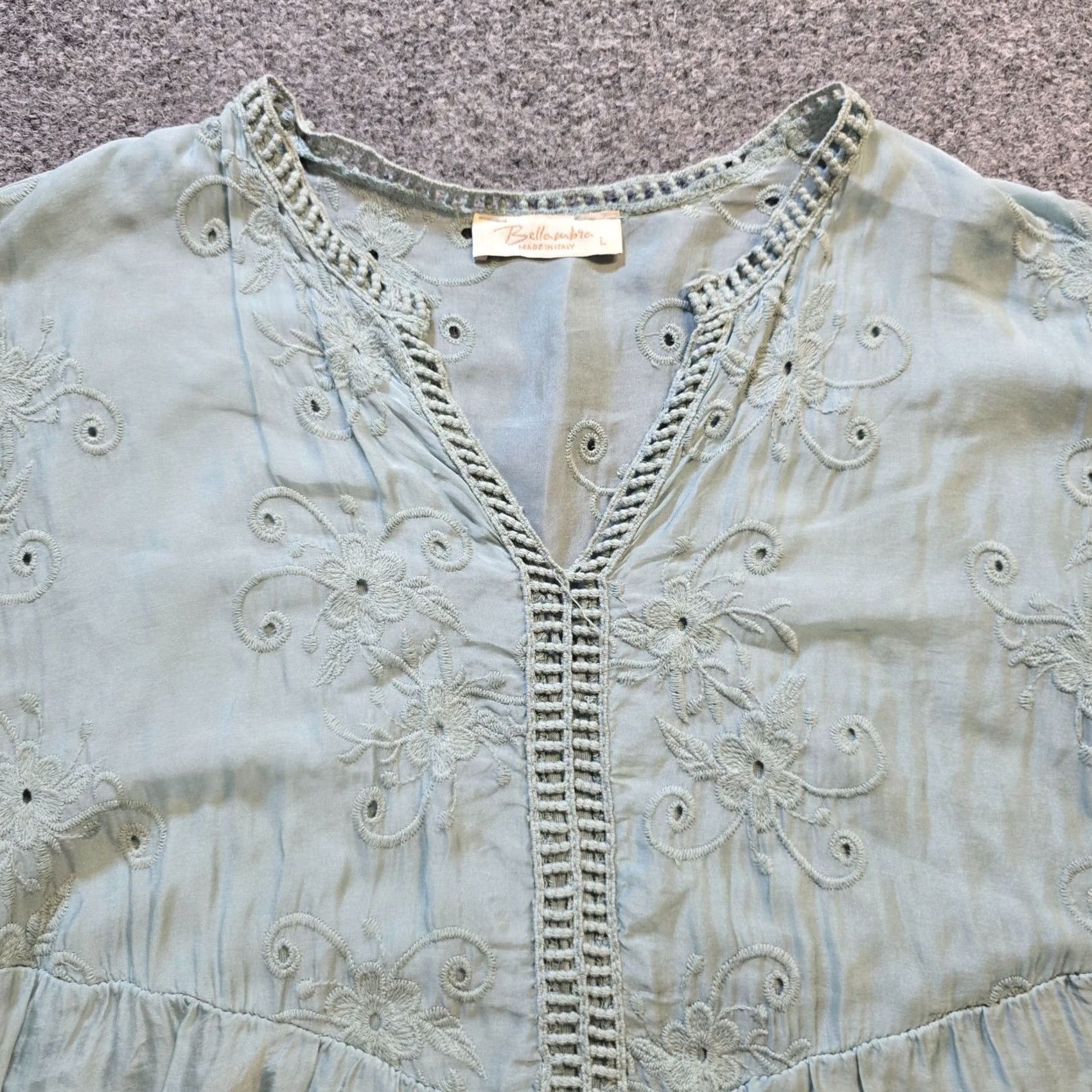 Vintage Bellambra Top Womens Large Green Silk Embroidery 3/4 Sleeve Casual Boho Hippie Shirt Womens L Green Embroidered Floral Silk Blouse Italian Made Size L / US 10 / IT 46 - 2 Thumbnail
