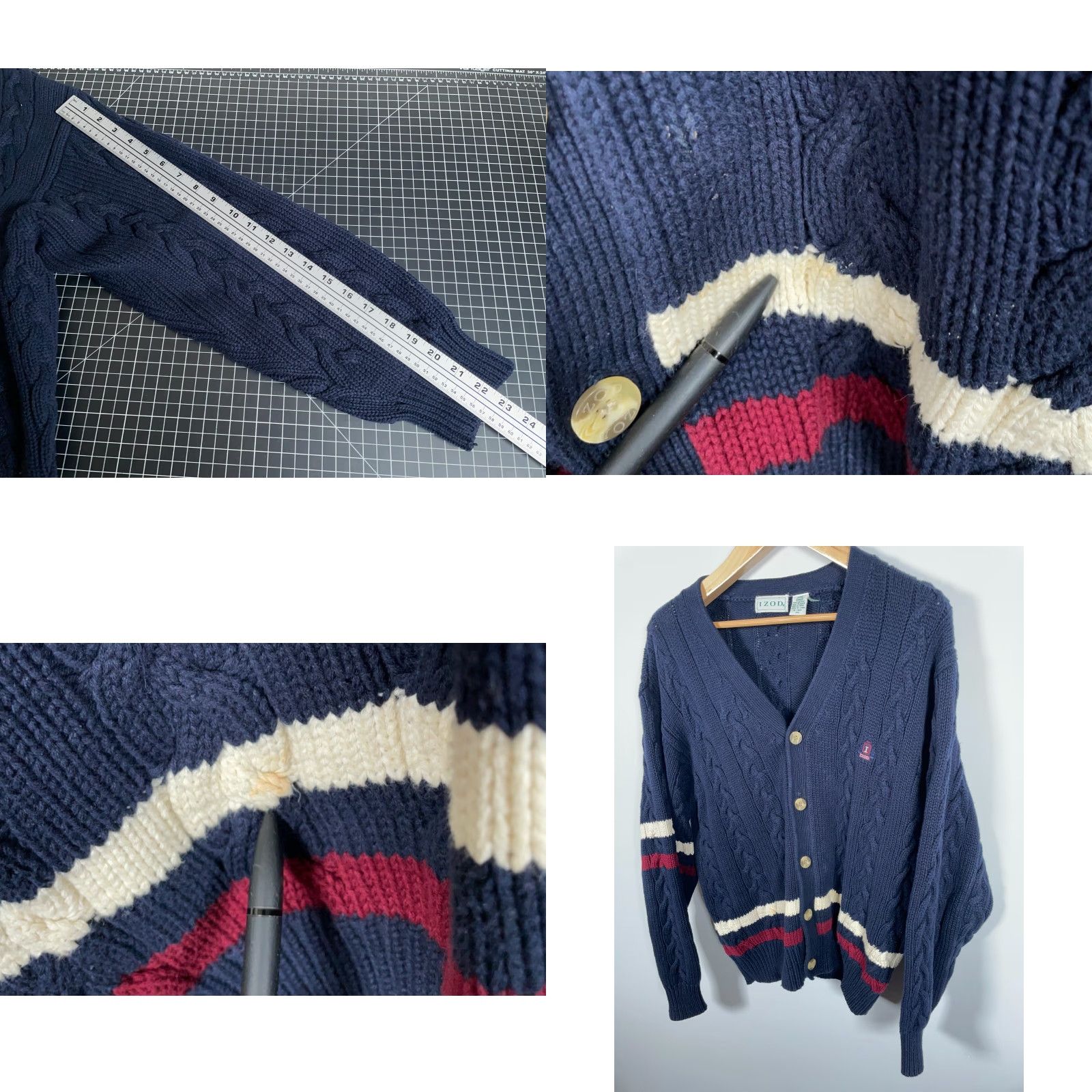 Izod VINTAGE IZOD Sweater Cardigan Men Large Dark Blue Cable-Knit Cotton Striped 90s Preppy Tennis Cricket Mens Size US L / EU 52-54 / 3 - 8 Thumbnail