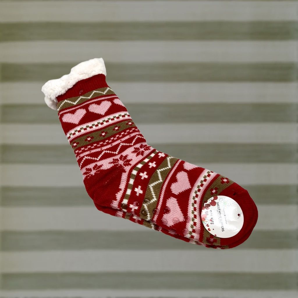 Vintage Sweet Home Slippers Socks Women Slipper One Size Fleece Lining Heart Snow NWT Red White Christmas Holiday Winter Cushioned Non-Slip Mid Calf Socks Size ONE SIZE - 1 Thumbnail