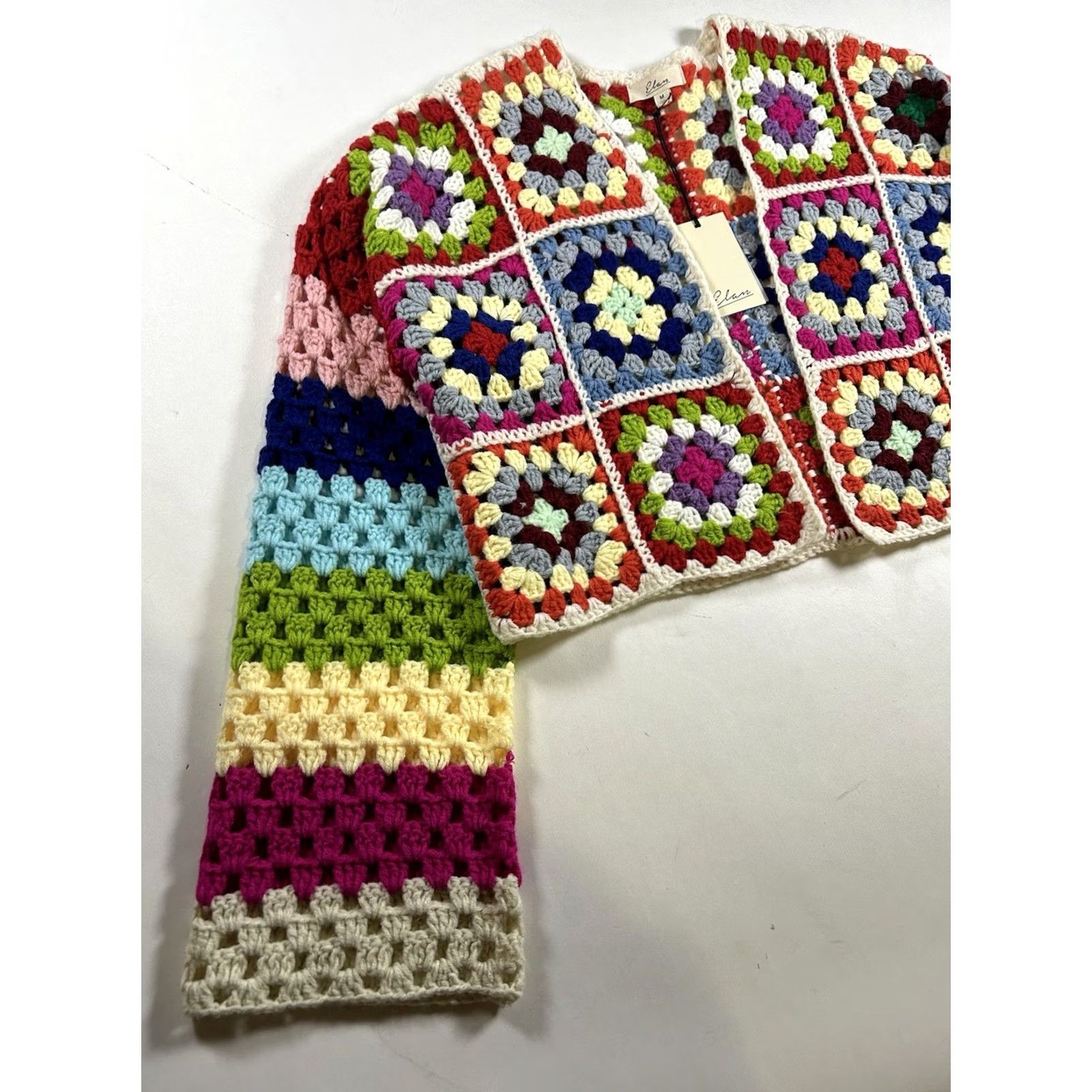 Vintage Elan Cardigan Womens M Rainbow Patchwork Boho Cottagecore Crochet Granny Square Size M / US 6-8 / IT 42-44 - 6 Thumbnail