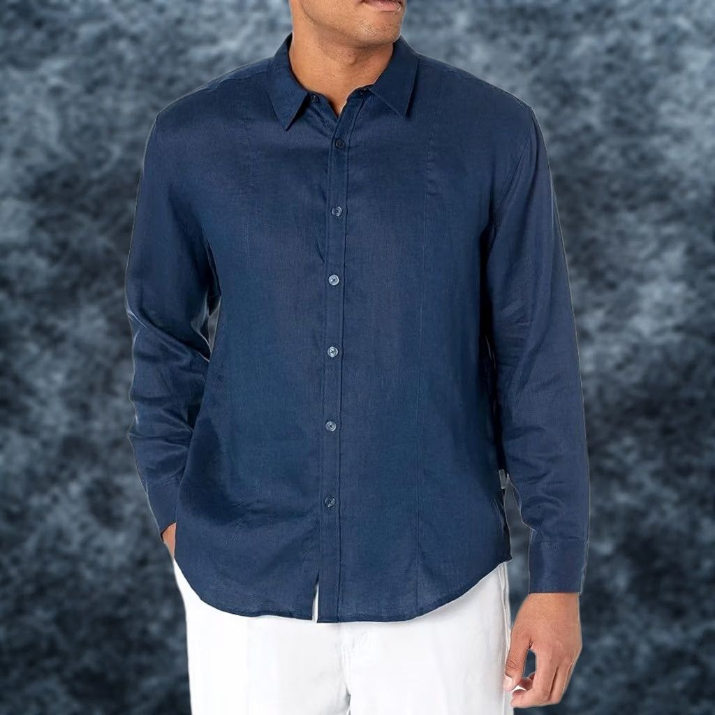 Cubavera Cubavera Linen Shirt Long Sleeve Button-Down Relaxed Fit Blue Mens L Size 42R - 1 Thumbnail