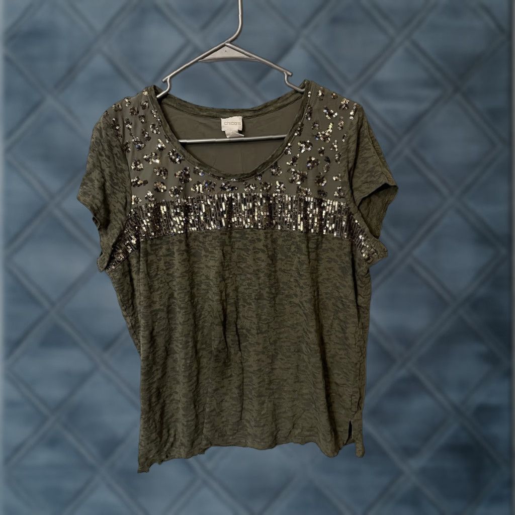 Vintage Chico’s T-Shirt Short sleeve Green Sequin Lined Burnout Style XS XL Womens Top Basic Casual Pullover Round Neck Cotton Polyester 3 (XL) Size XL / US 12-14 / IT 48-50 - 1 Thumbnail