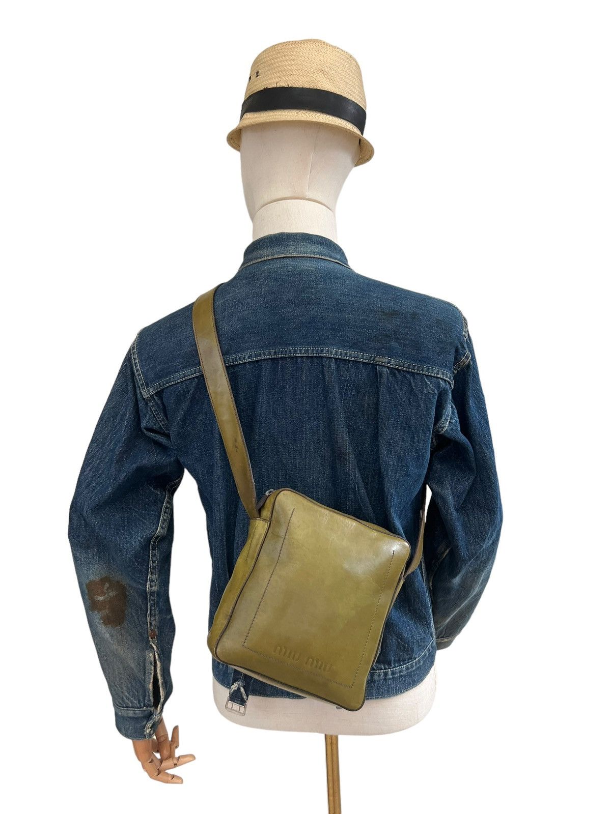 image of Vintage Miu Miu Distressed Patina Leather Mini Sling Bag in Olive Green, Men's