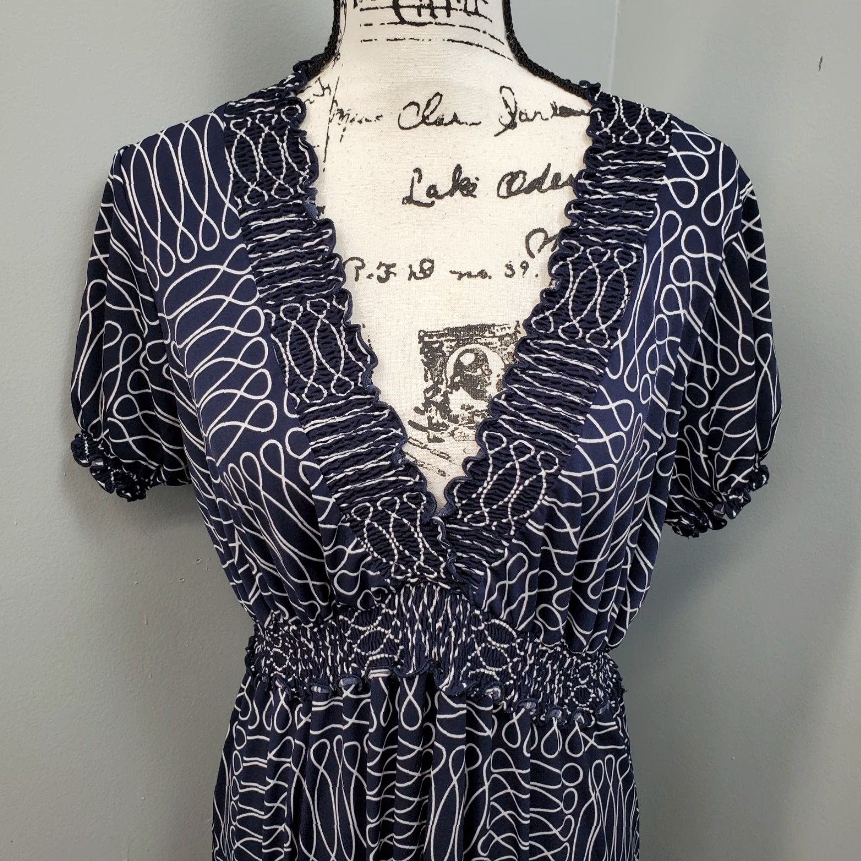 Vintage En Focus Fit & Flare Dress Womens 16W Navy White Geometric Stretch Smocked Waist Dress Size XXL / US 16-18 / IT 52-54 - 5 Thumbnail