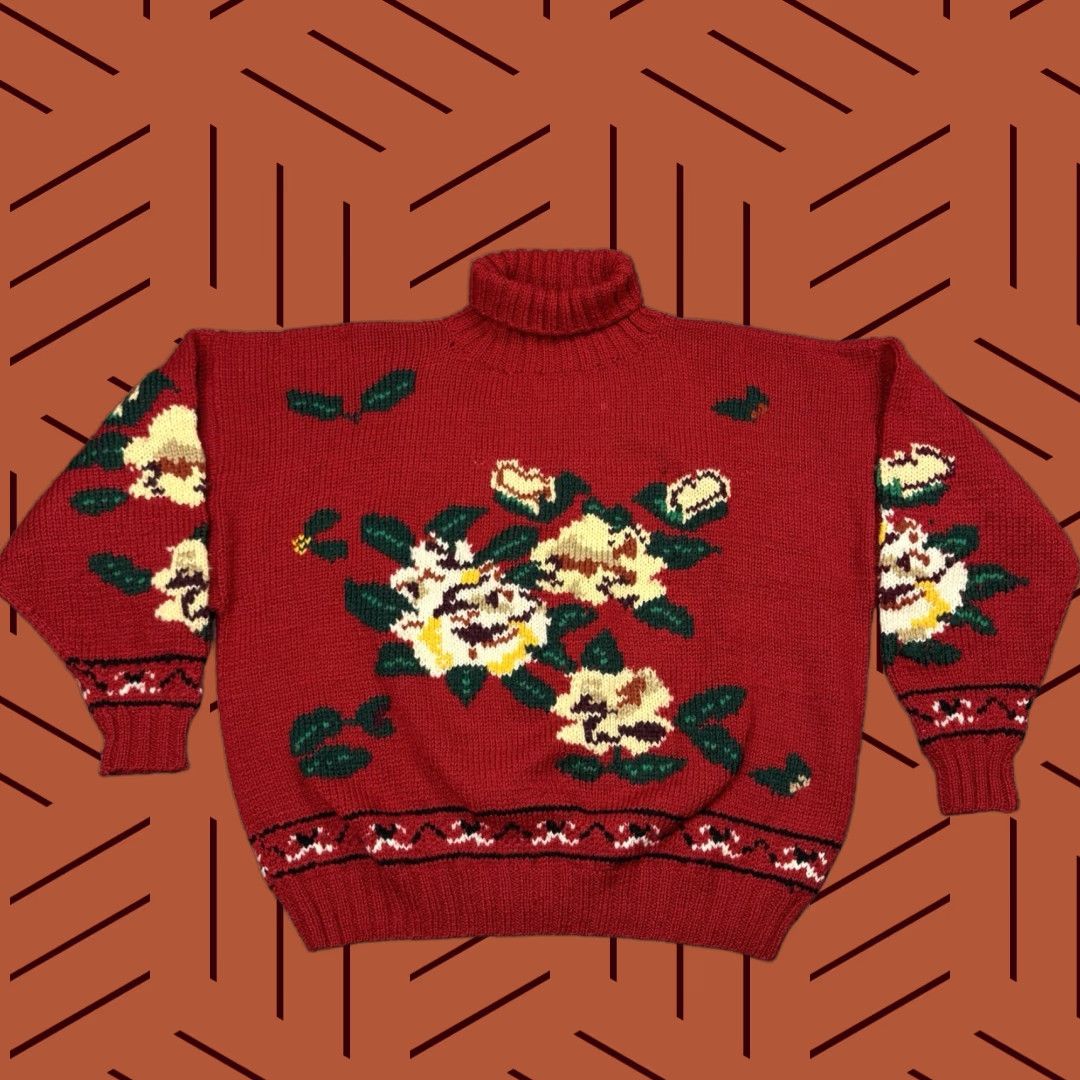 Vintage VINTAGE 1980s Harwood Crafts Wool Floral Chunky Knit Turtleneck Sweater L/XL Womens Red Heavy Hand Knit Size L / US 10 / IT 46 - 1 Thumbnail