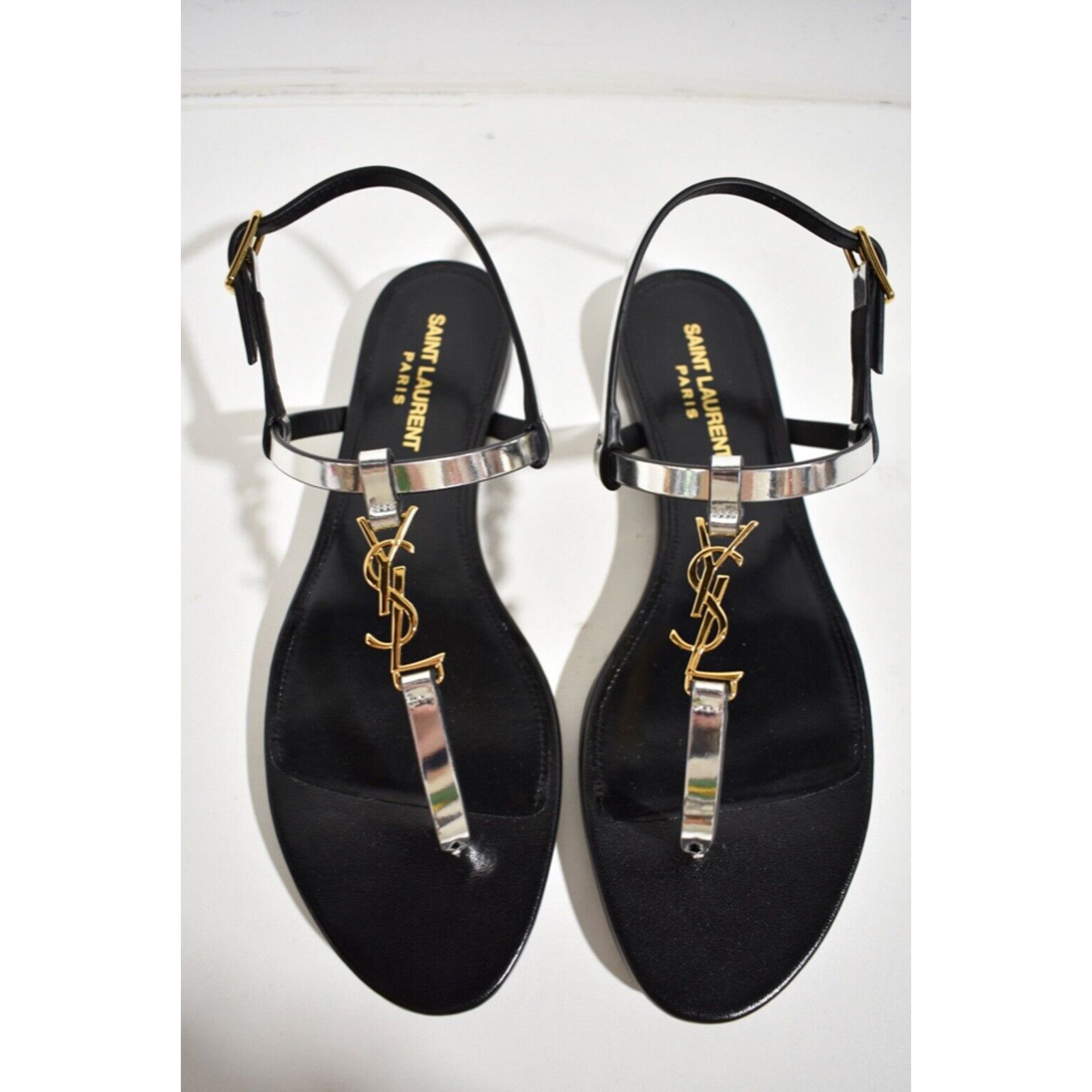 Yves Saint Laurent Saint Laurent YSL Logo Cassandra Iota 05 Silver Black Thong Size US 8 / IT 38 - 8 Thumbnail